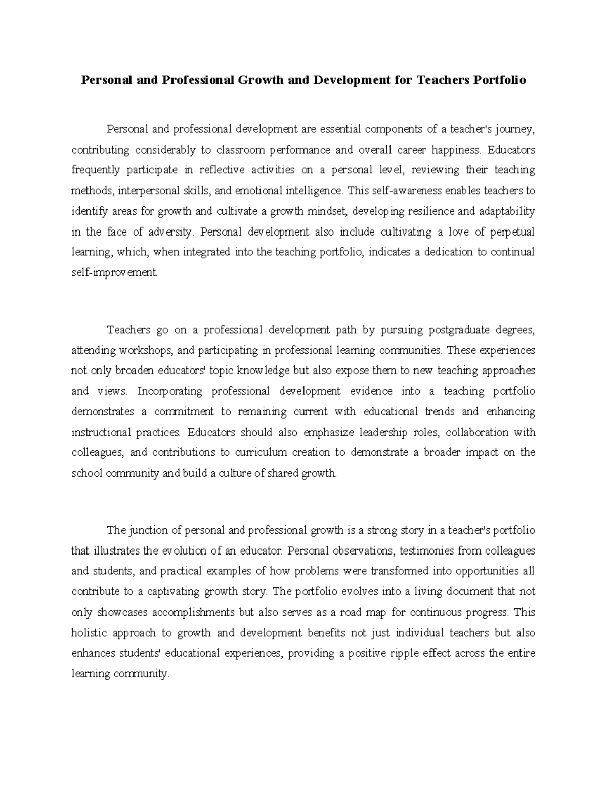 Personal & Prof. Growth for Teachers: A Comprehensive Portfolio - Studocu