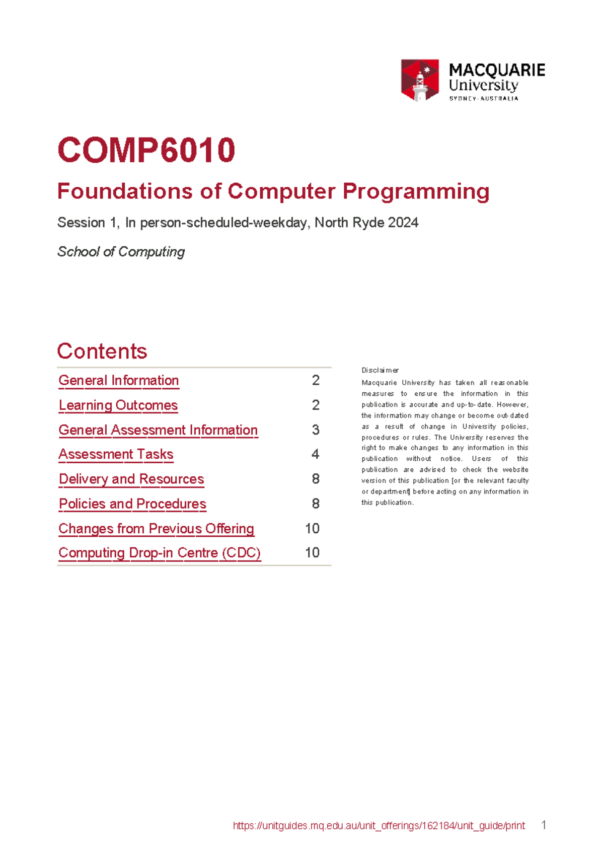 Unit Guide COMP6010 Foundations of Computer Programming 2024 Session 1 ...