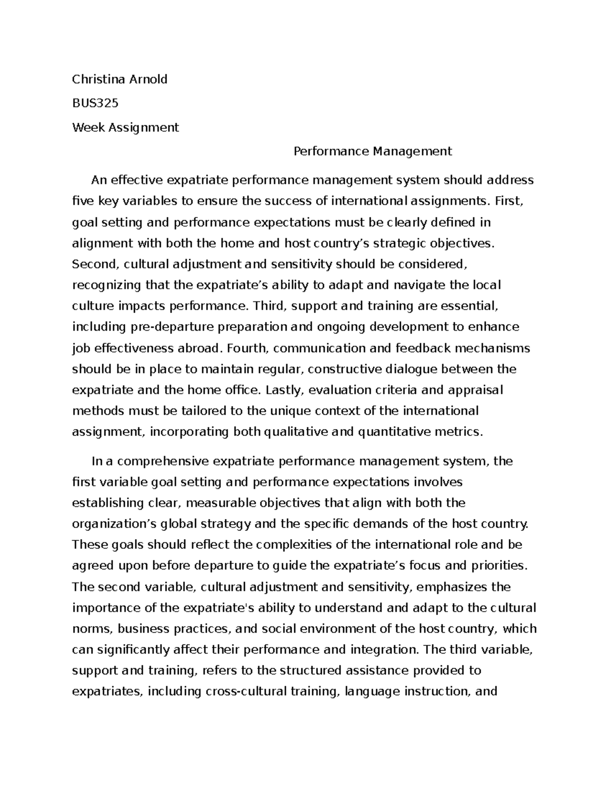 BUS325 Week 6 Assignment: Expatriate Performance Management Strategies ...