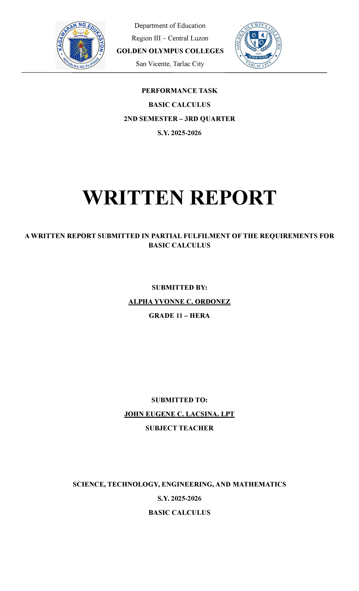 Basic Calculus Performance Task Report - Grade 11 HERA - Studocu