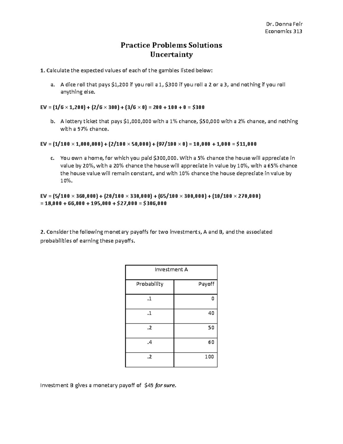 **Economics 313: Uncertainty Practice Problems & Solutions** - Studocu
