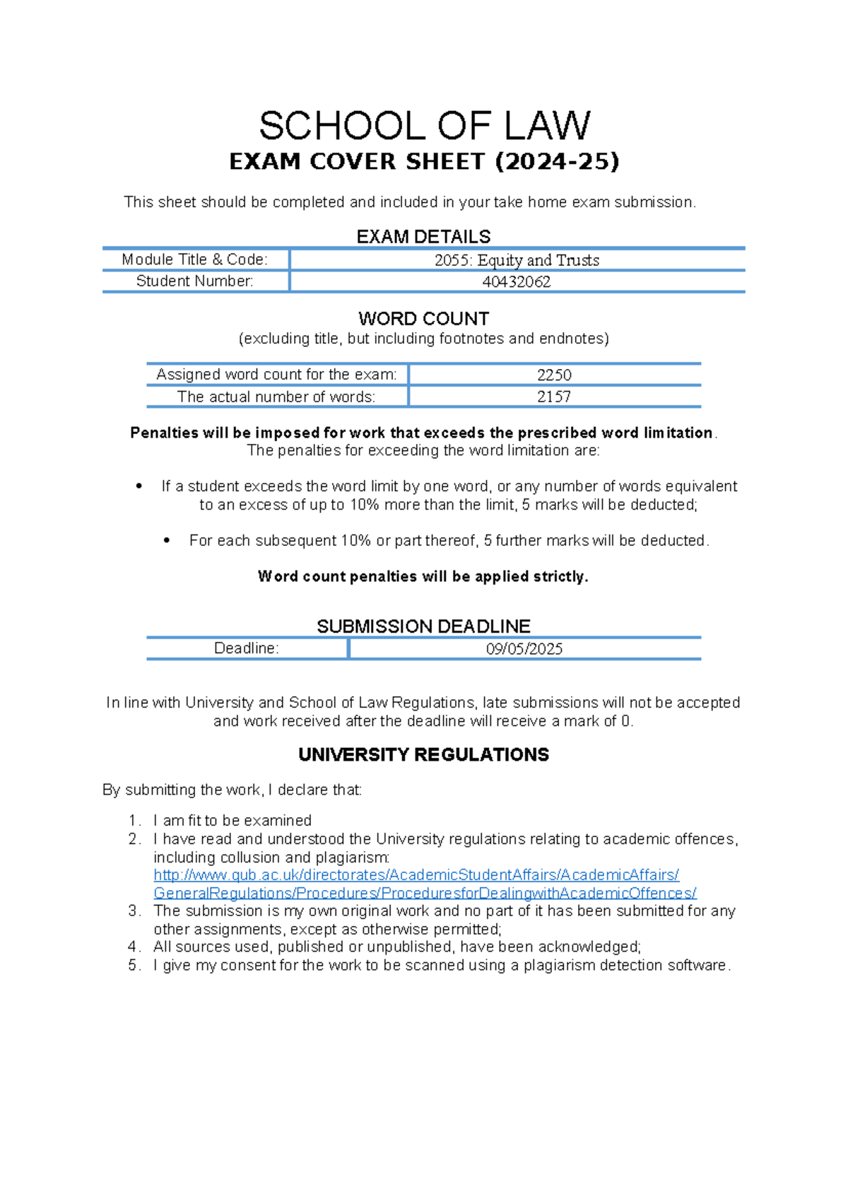 Trusts and Equity Take Home Exam - LAW 2055 - Studocu