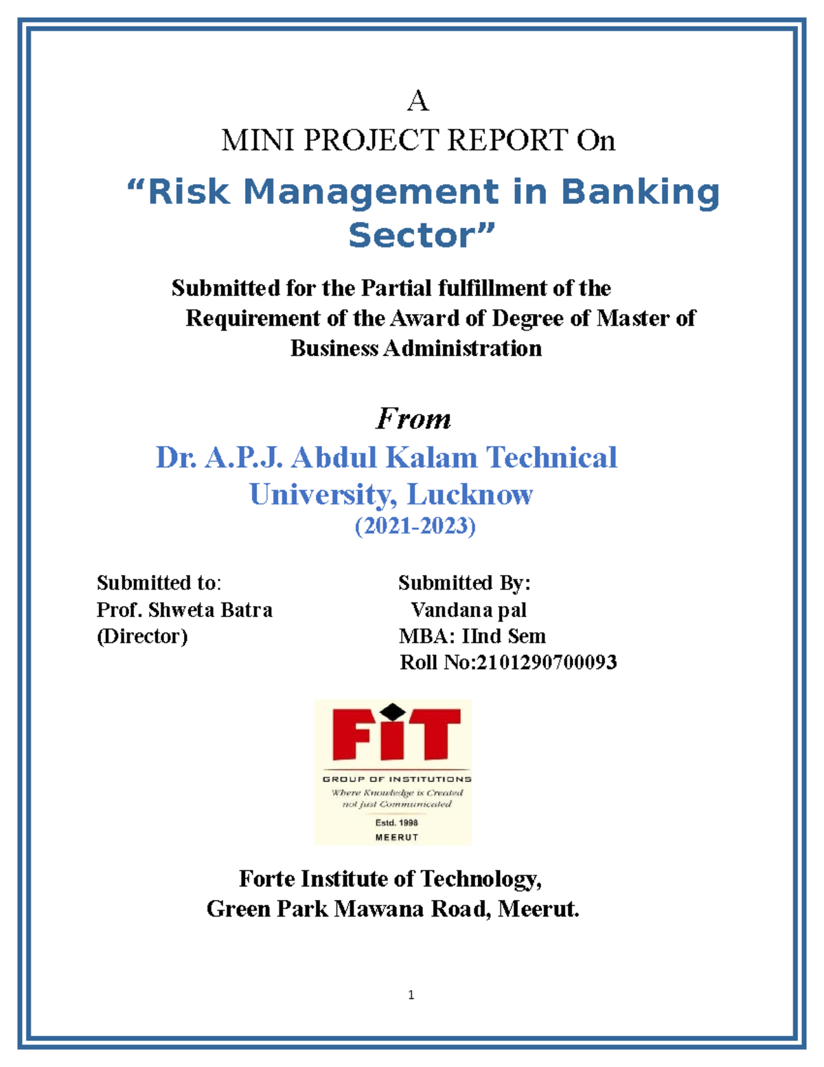 MBA Mini Project 2: Risk Management in Banking Sector by Vandana - Studocu