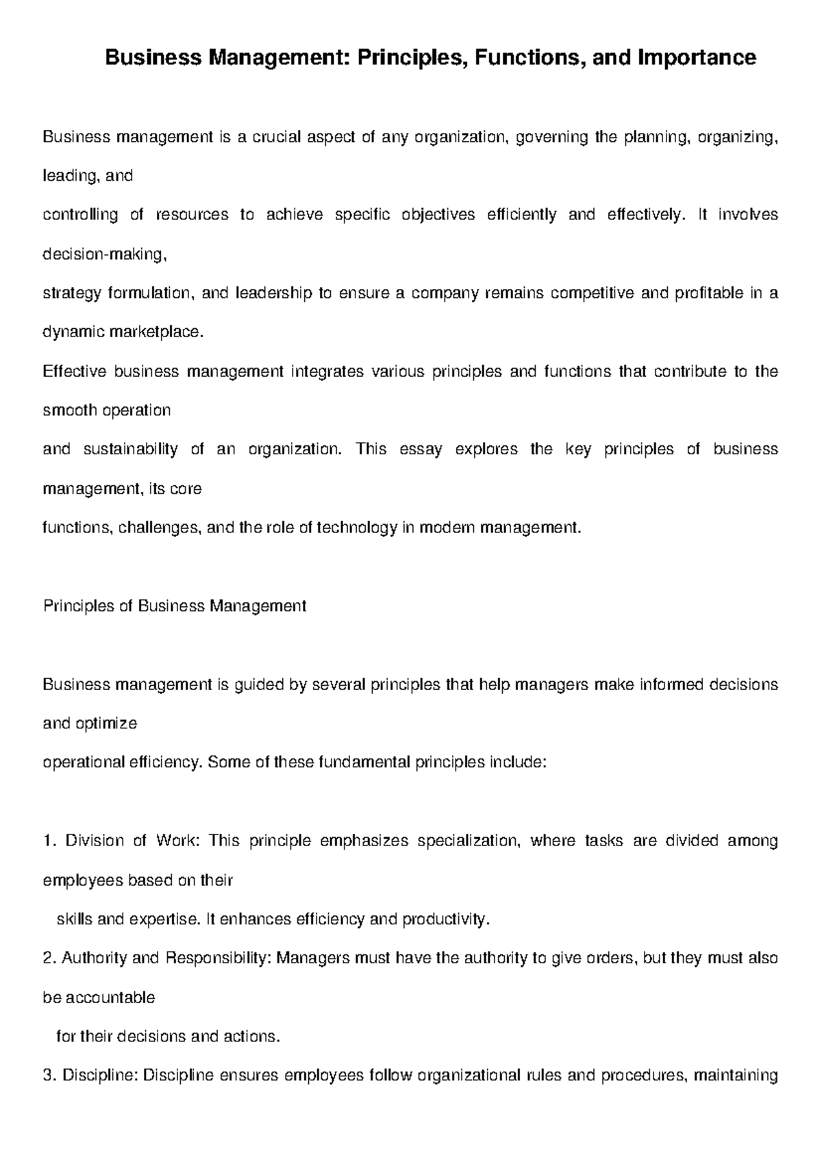 BM 101: Essay on Key Principles and Functions of Business Management ...