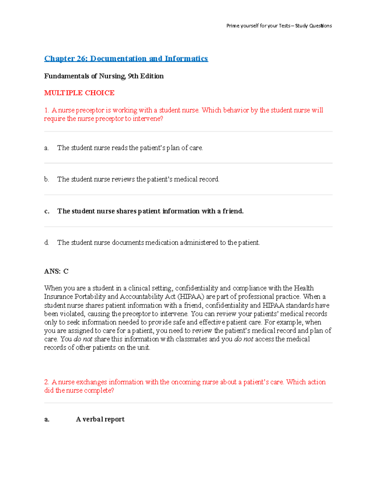 Chapter 26 - Practice questions - Chapter 26: Documentation and ...