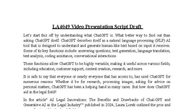LA4049 Video Presentation Script on ChatGPT in Legal Field - Studocu