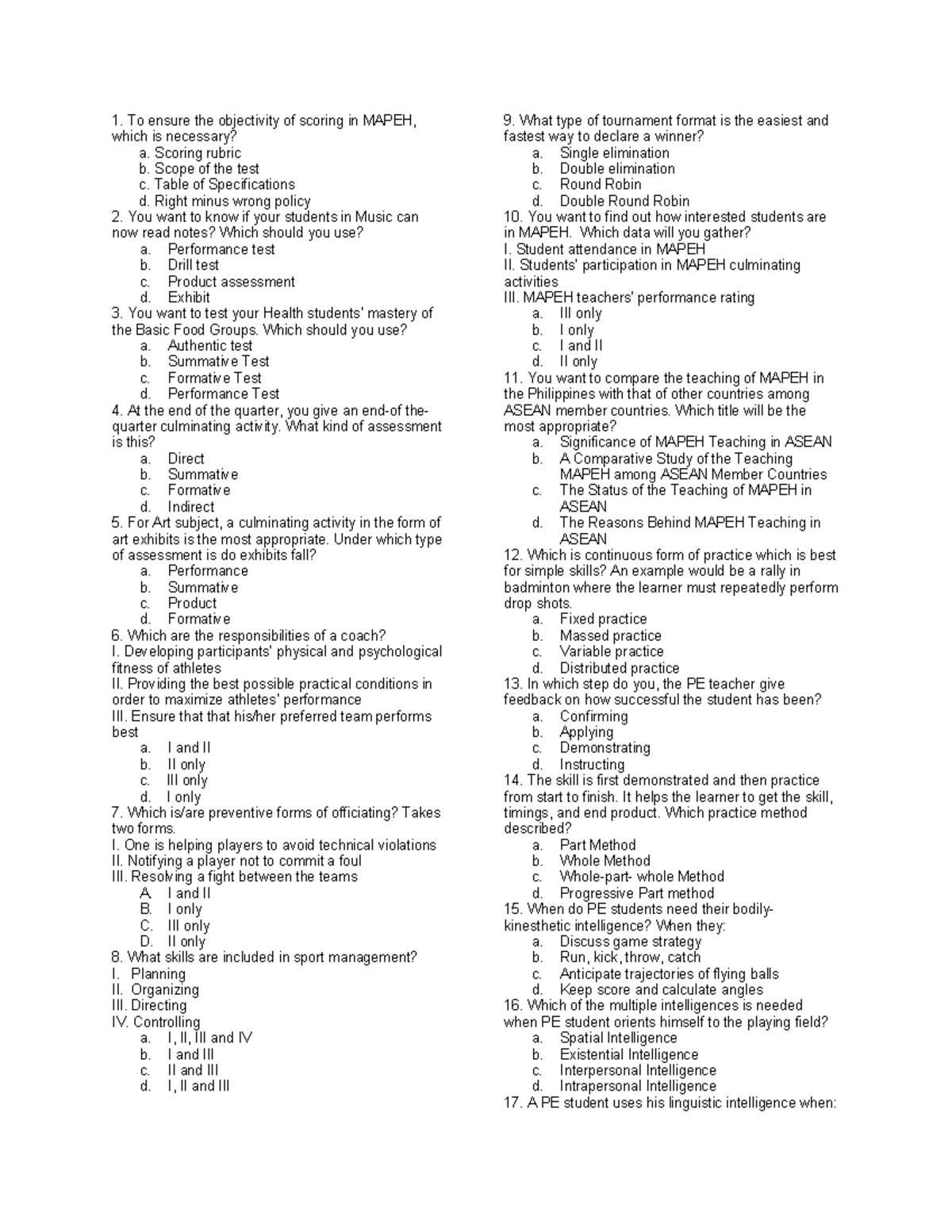 MAPEH 101: Comprehensive Reviewer for MAPEH Assessments and Practices ...