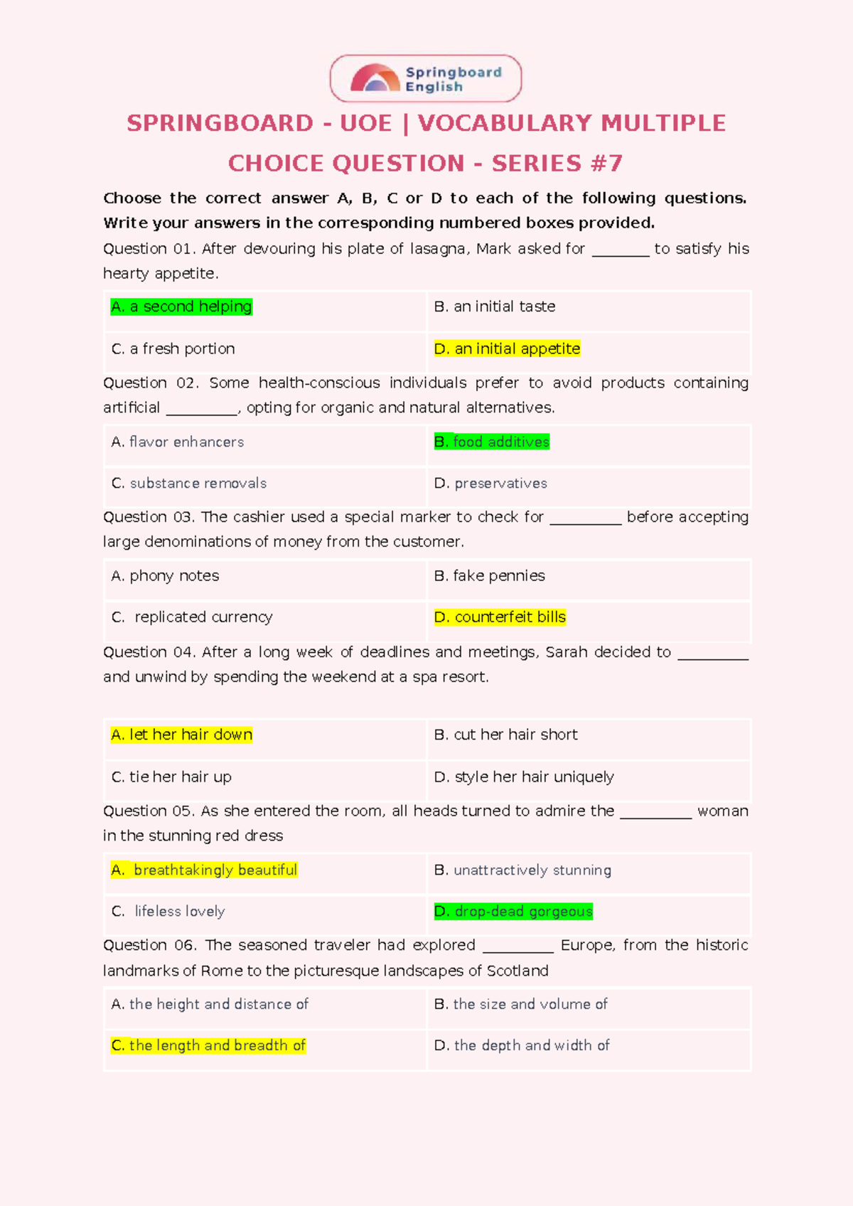 UOE Vocabulary MCQ Series #7: Multiple Choice Questions - Studocu