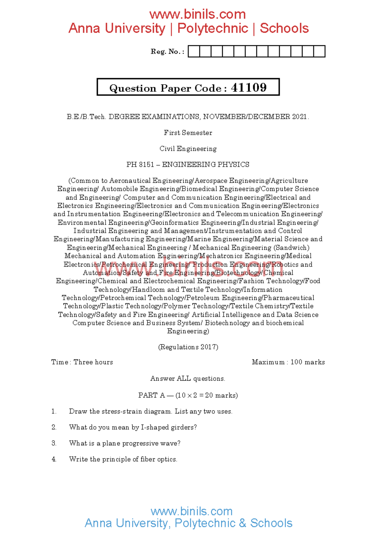 PH8151 - Engineering Physics 1 Final Exam Question Paper - Nov 2021 ...