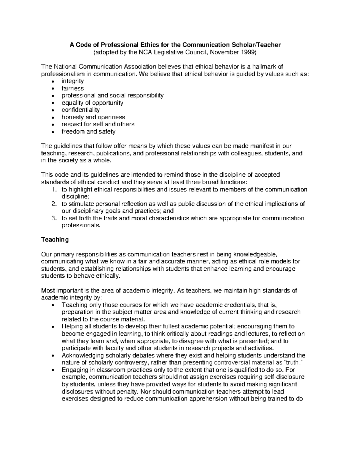 NCA Professional Ethics Code for Communication Scholars/Teachers - Studocu
