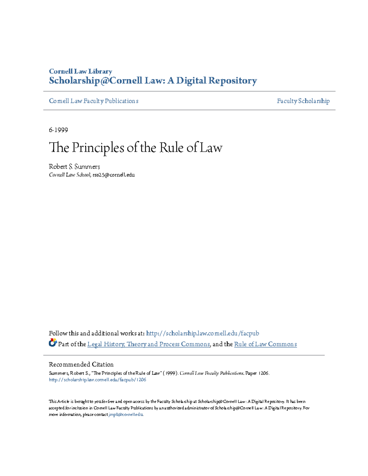 Cornell Law Faculty Publications: Principles of the Rule of Law - Studocu