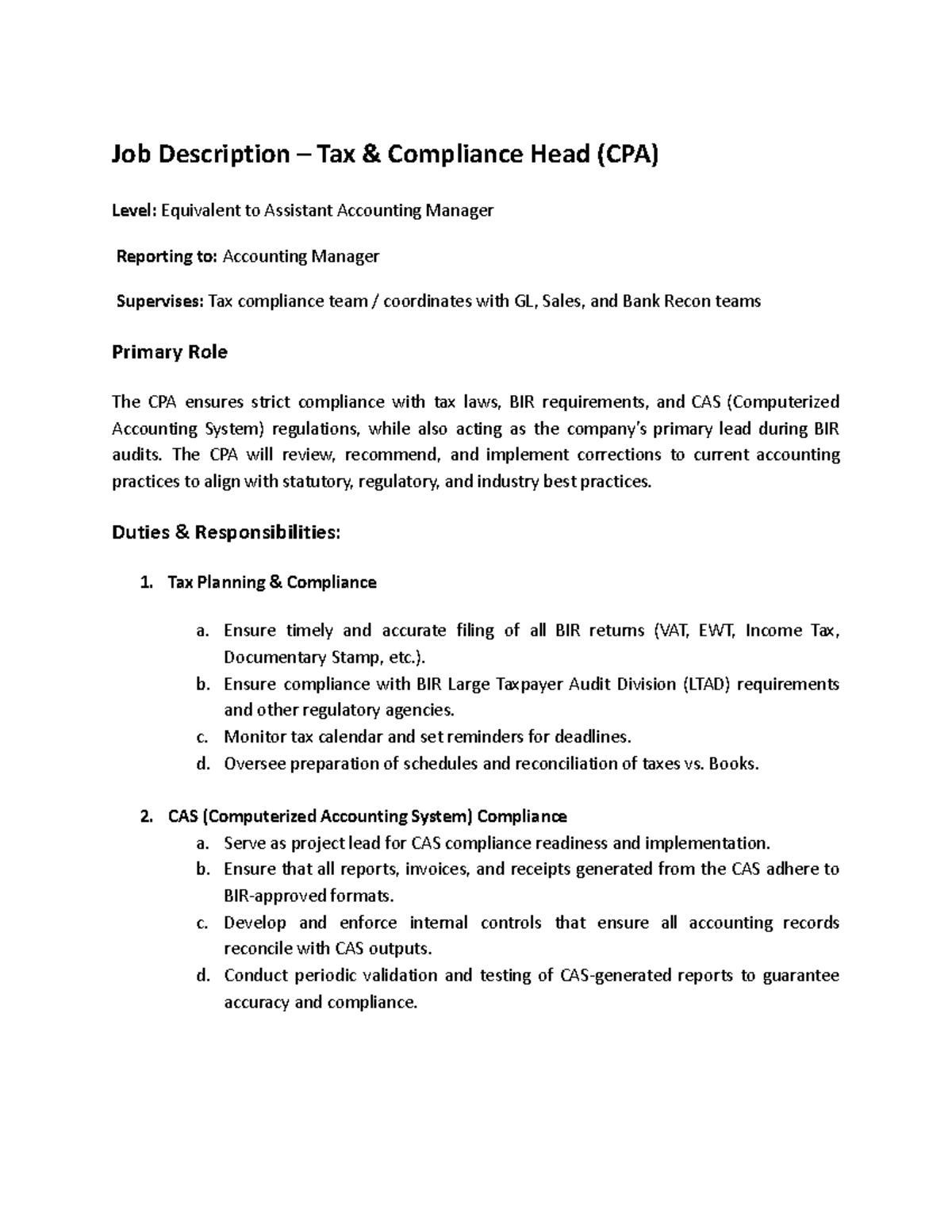 Job Description: Tax Compliance Head (CPA) - Assistant Accounting ...