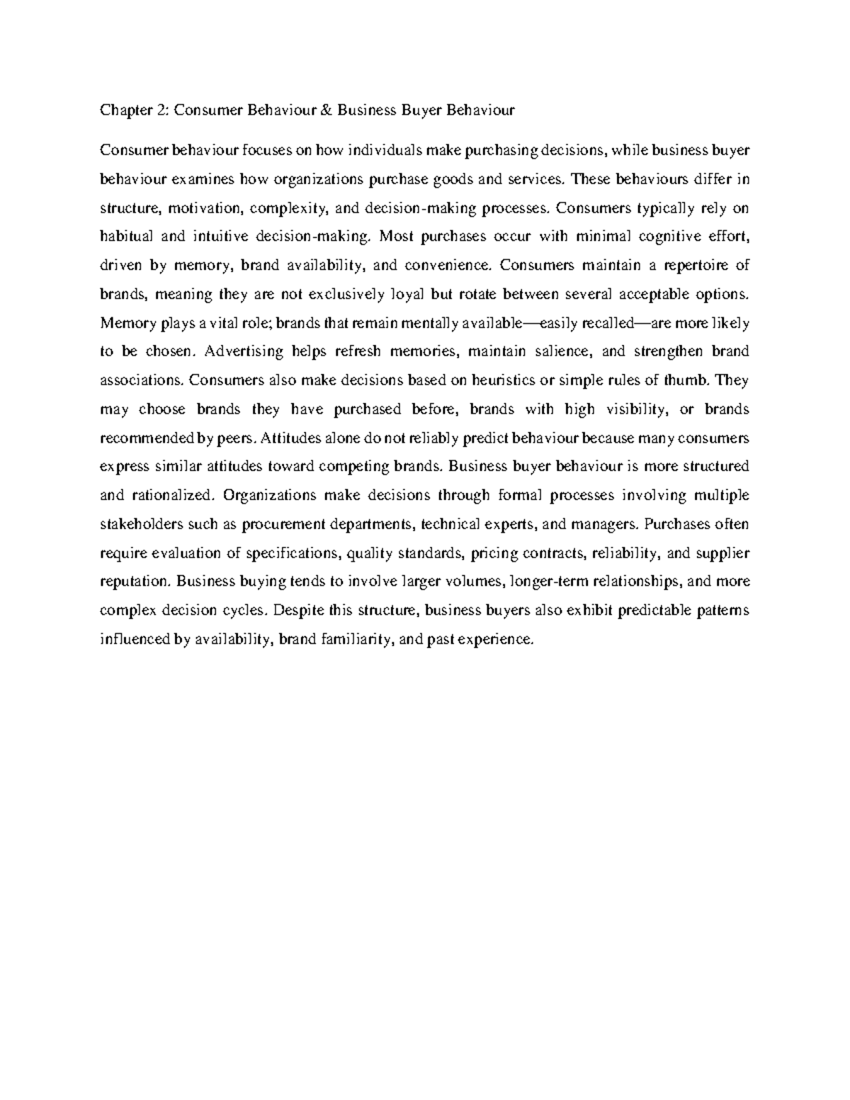 Chapter 2: Summary of Consumer & Business Buyer Behaviour - Studocu