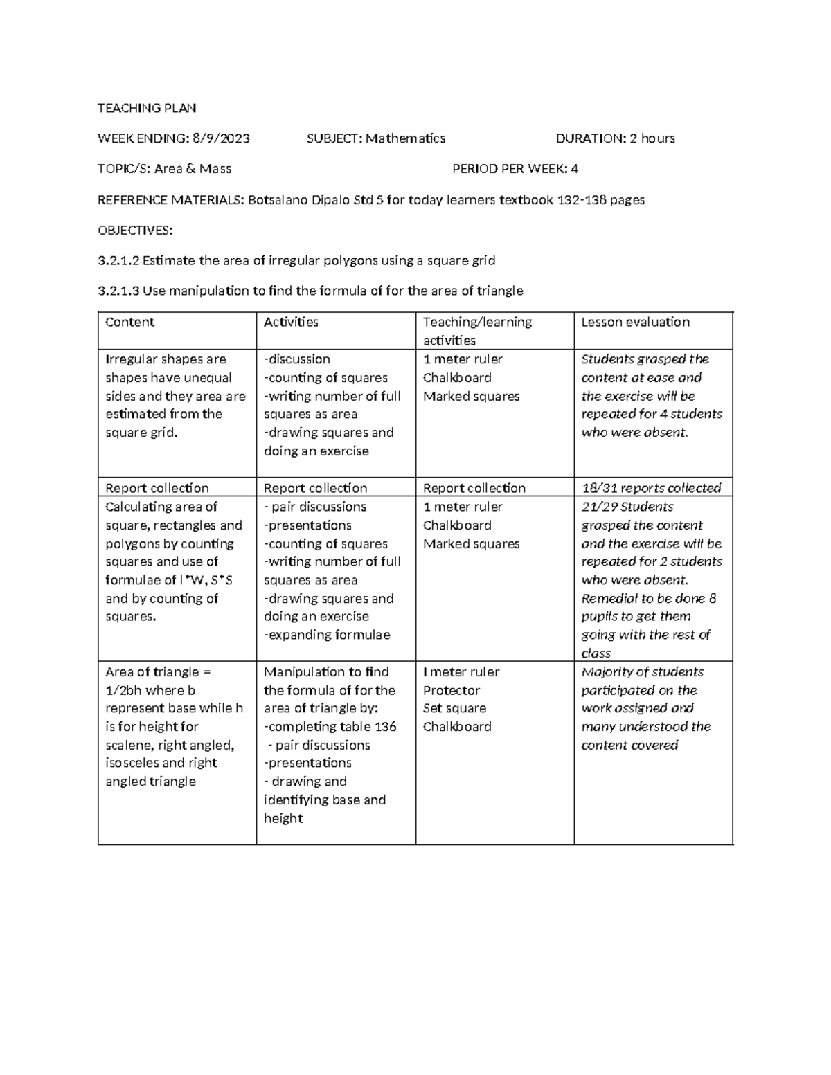 Teaching Plan for Std 5 Mathematics & RME - Term 3 Preparation - Studocu