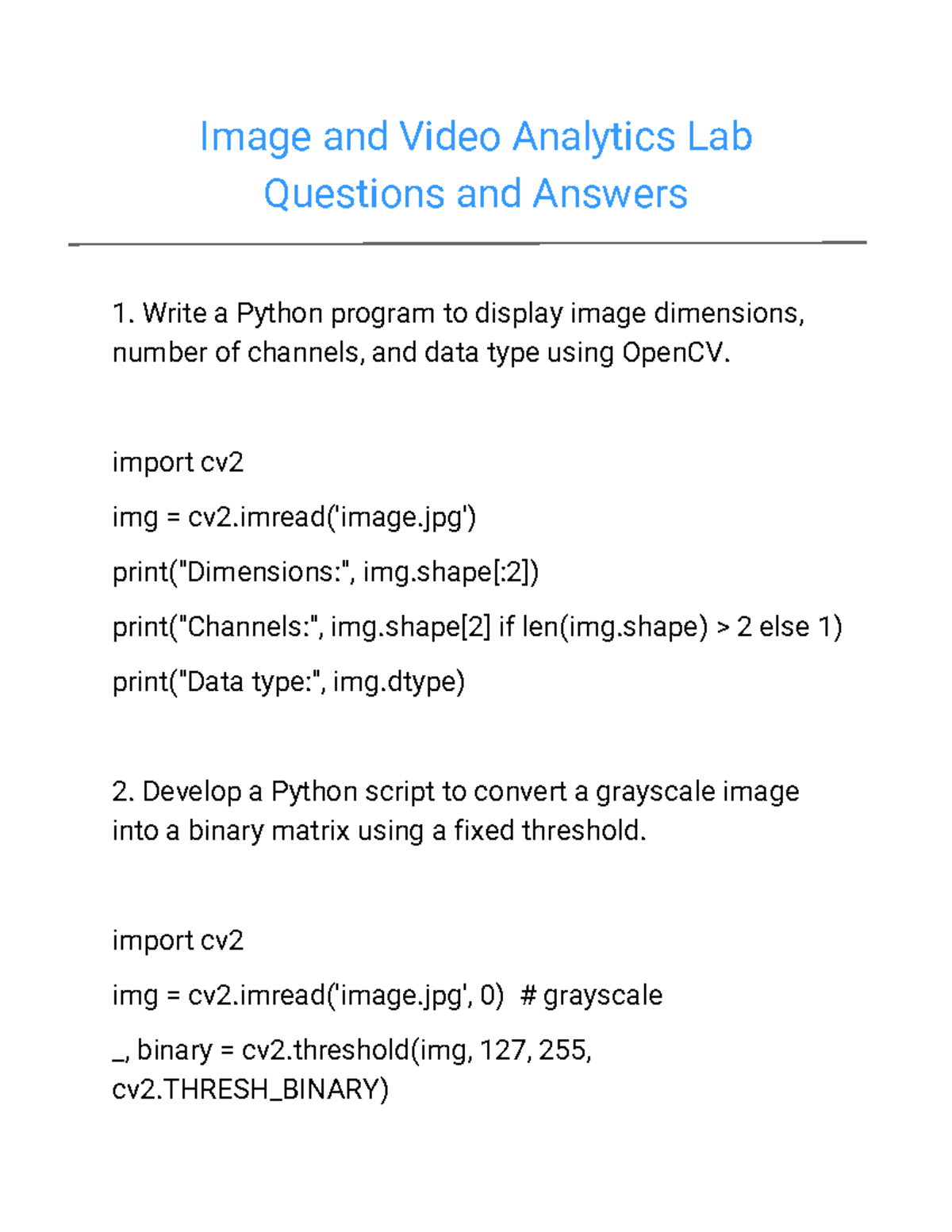 IVA Lab Questions & Answers for CSE & IT Students - Studocu
