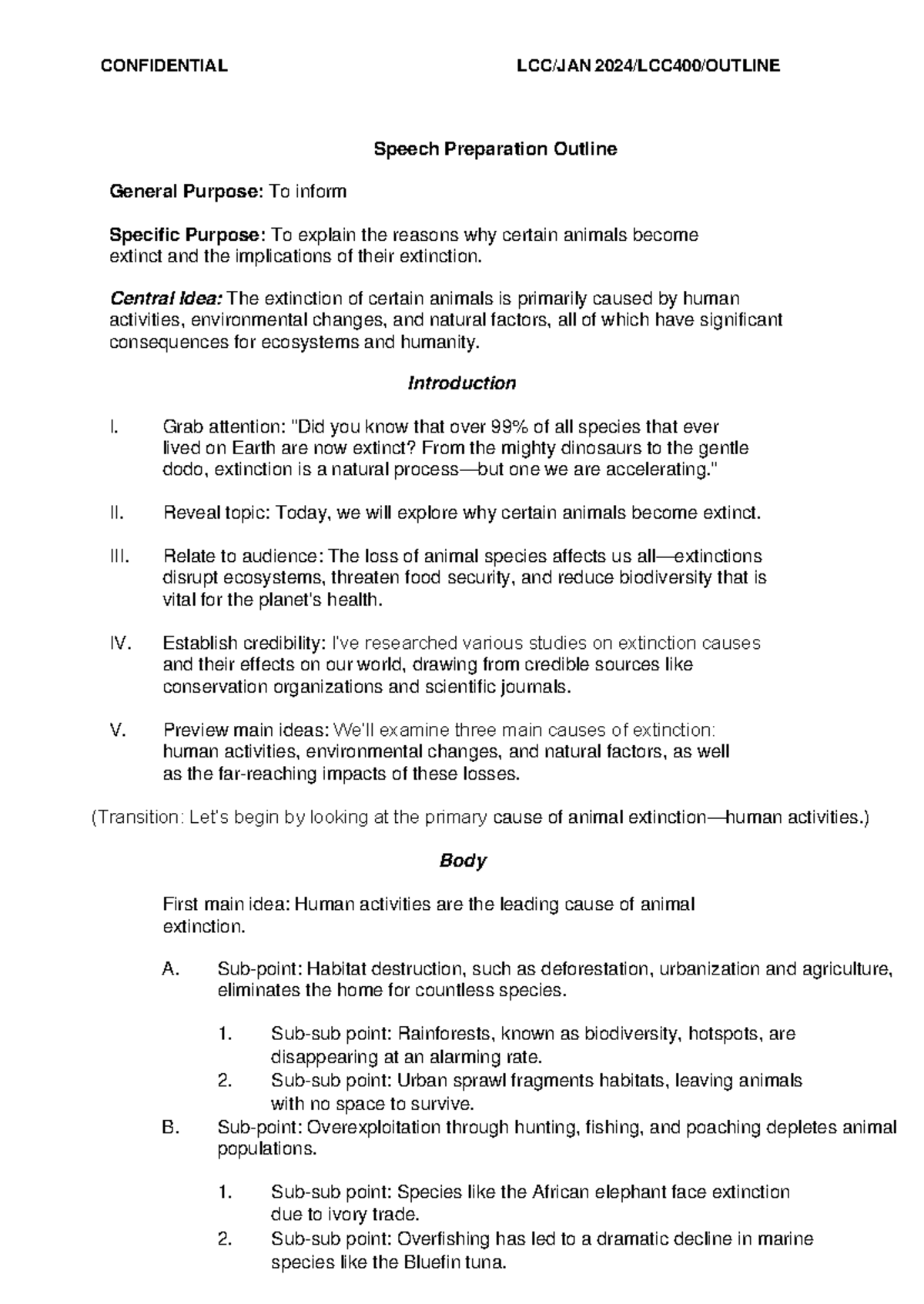 Informative Speech 2 Outline Draft: Causes of Animal Extinction - Studocu