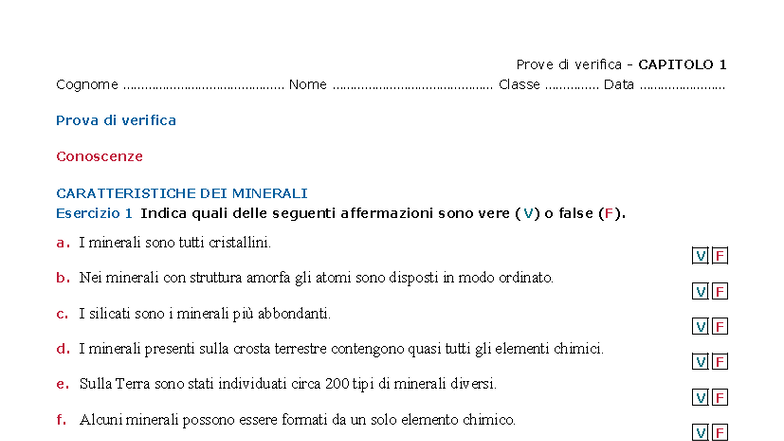 Prove di Verifica CAPITOLO 1: Caratteristiche Minerali e Rocce - Studocu