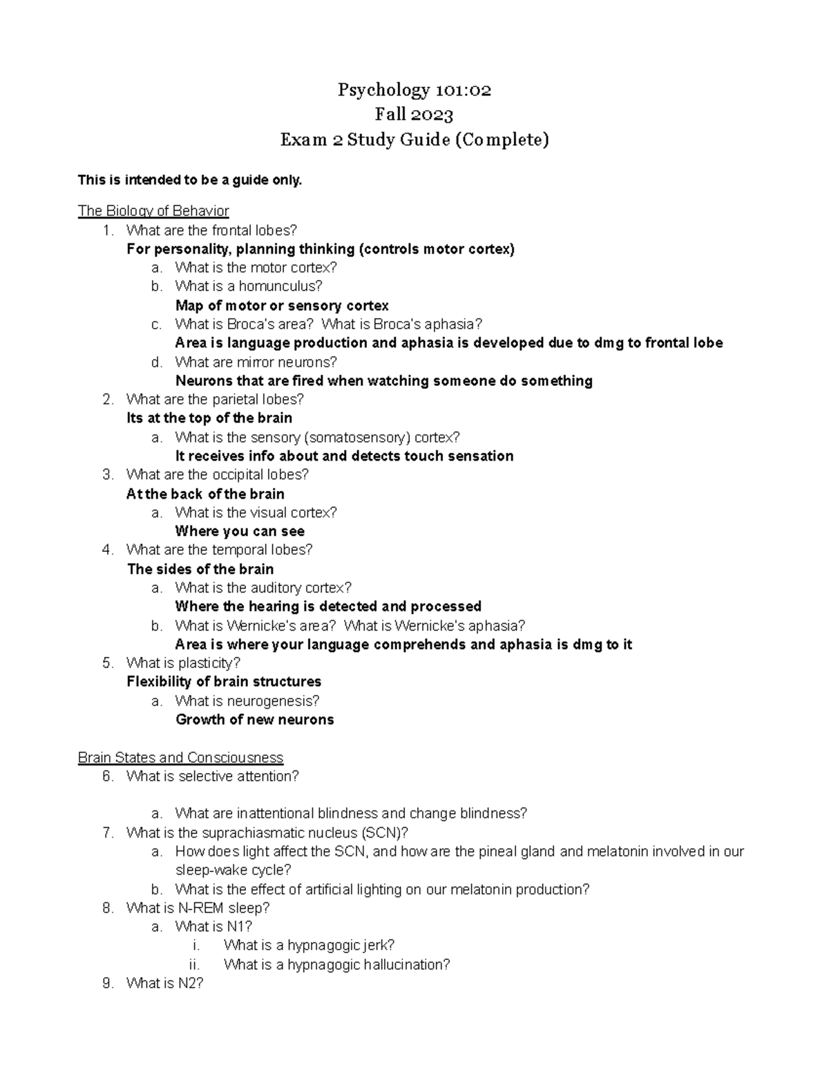Psychology 101:02 Fall 2023 Exam 2 Study Guide (Comprehensive) - Studocu