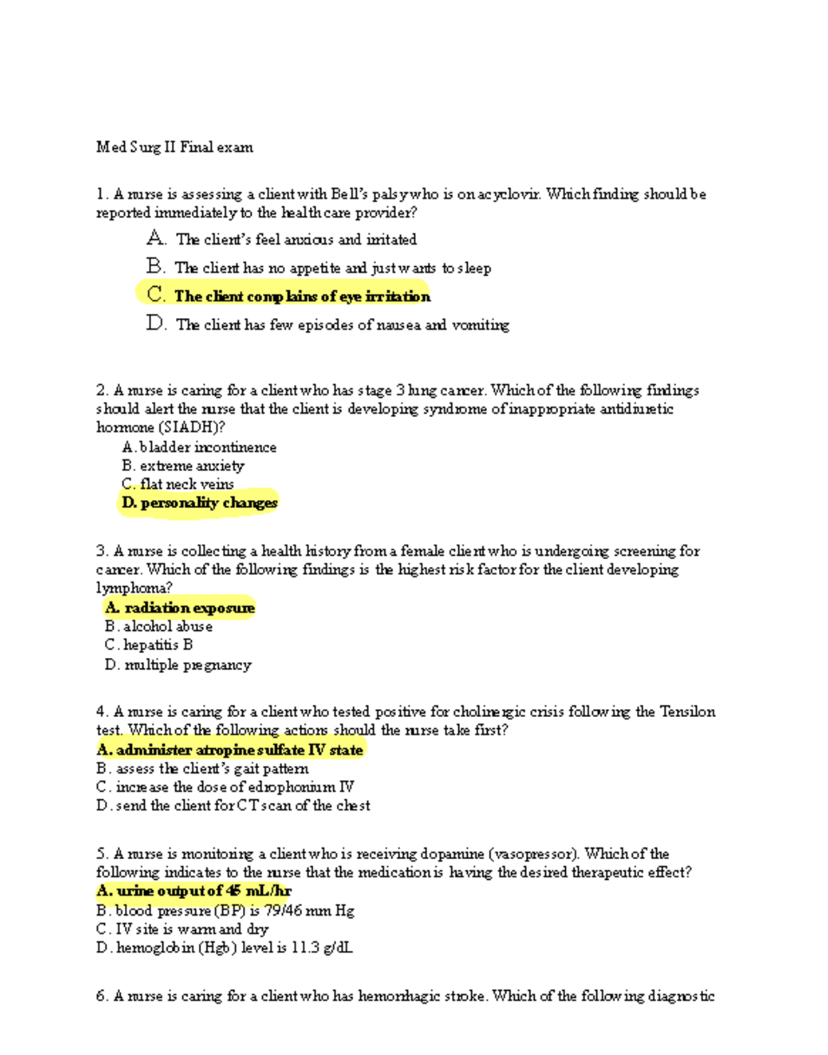 Med Surg II Final Exam Questions and Answers - Studocu
