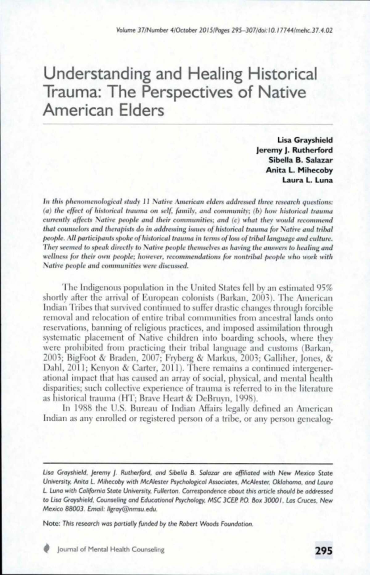 Healing Historical Trauma Among Native American Elders: Insights ...