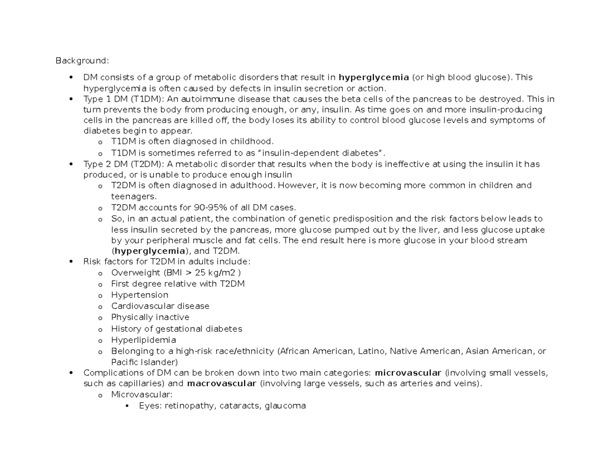 Diabetes Overview: T1DM & T2DM Insights and Management Strategies - Studocu