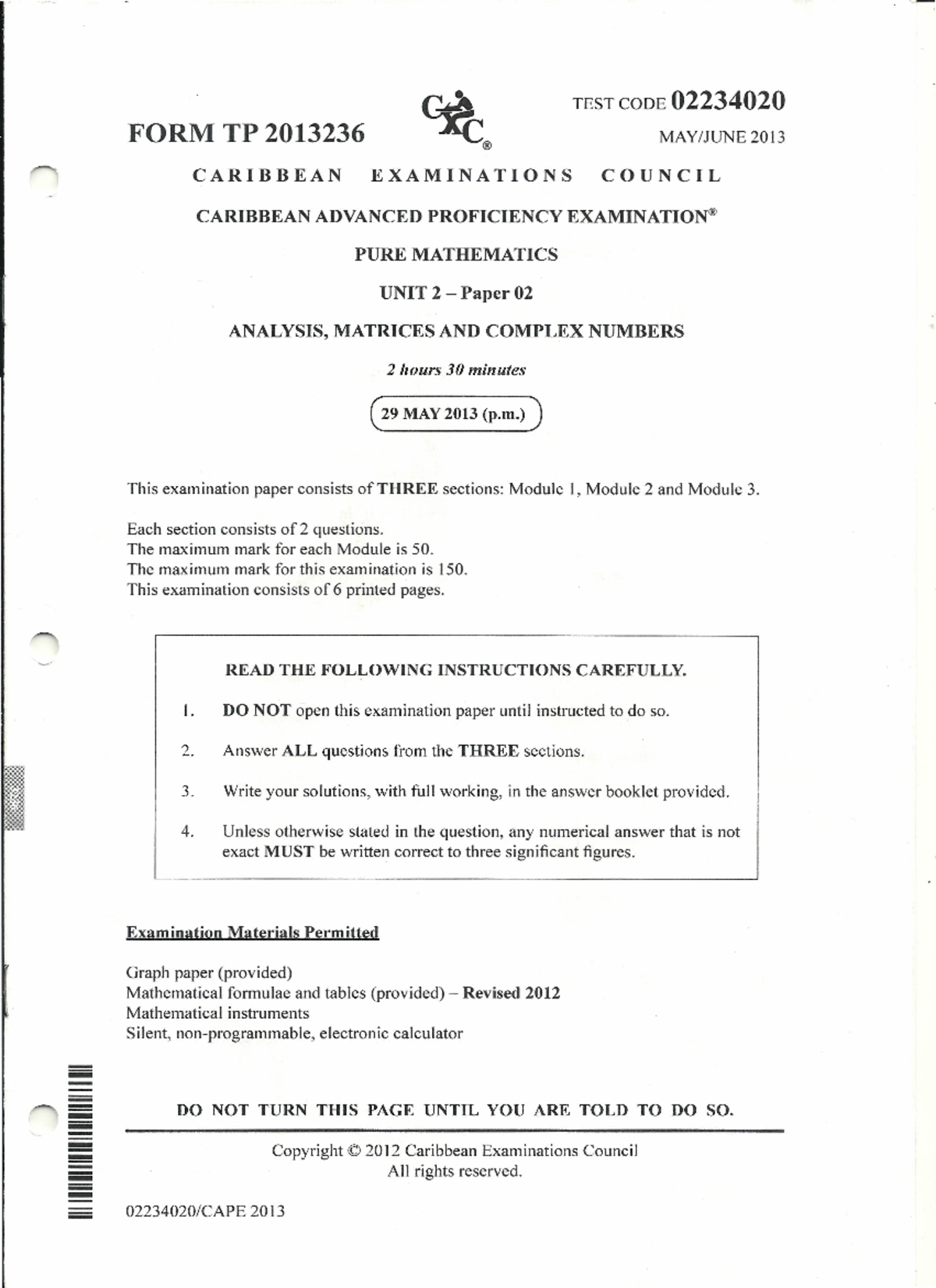 CAPE Pure Mathematics Unit 2 - Paper 02 Exam May/June 2013 - Studocu