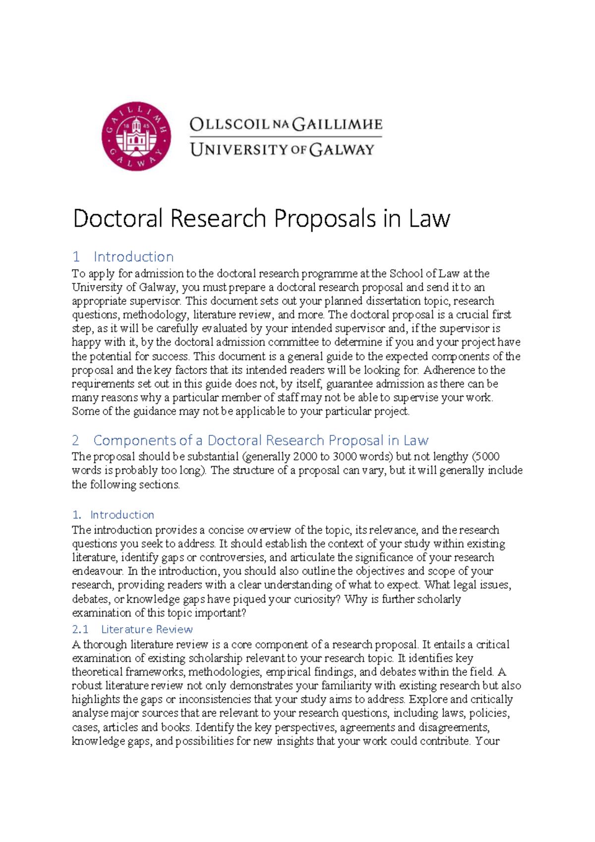 Doctoral Research Proposal Guidelines for Law Students at Galway - Studocu