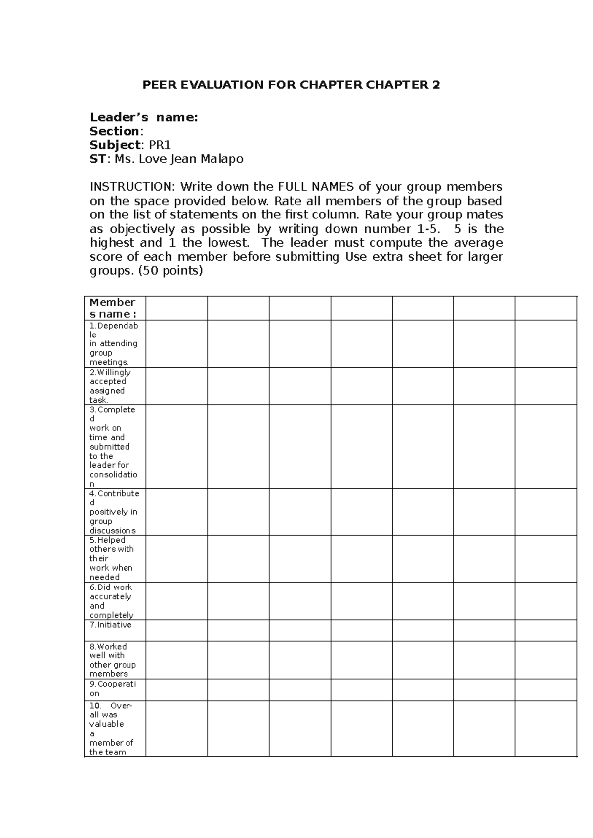 PEER EVALUATION SHEET FOR CHAPTER 2 (PR1) - Studocu