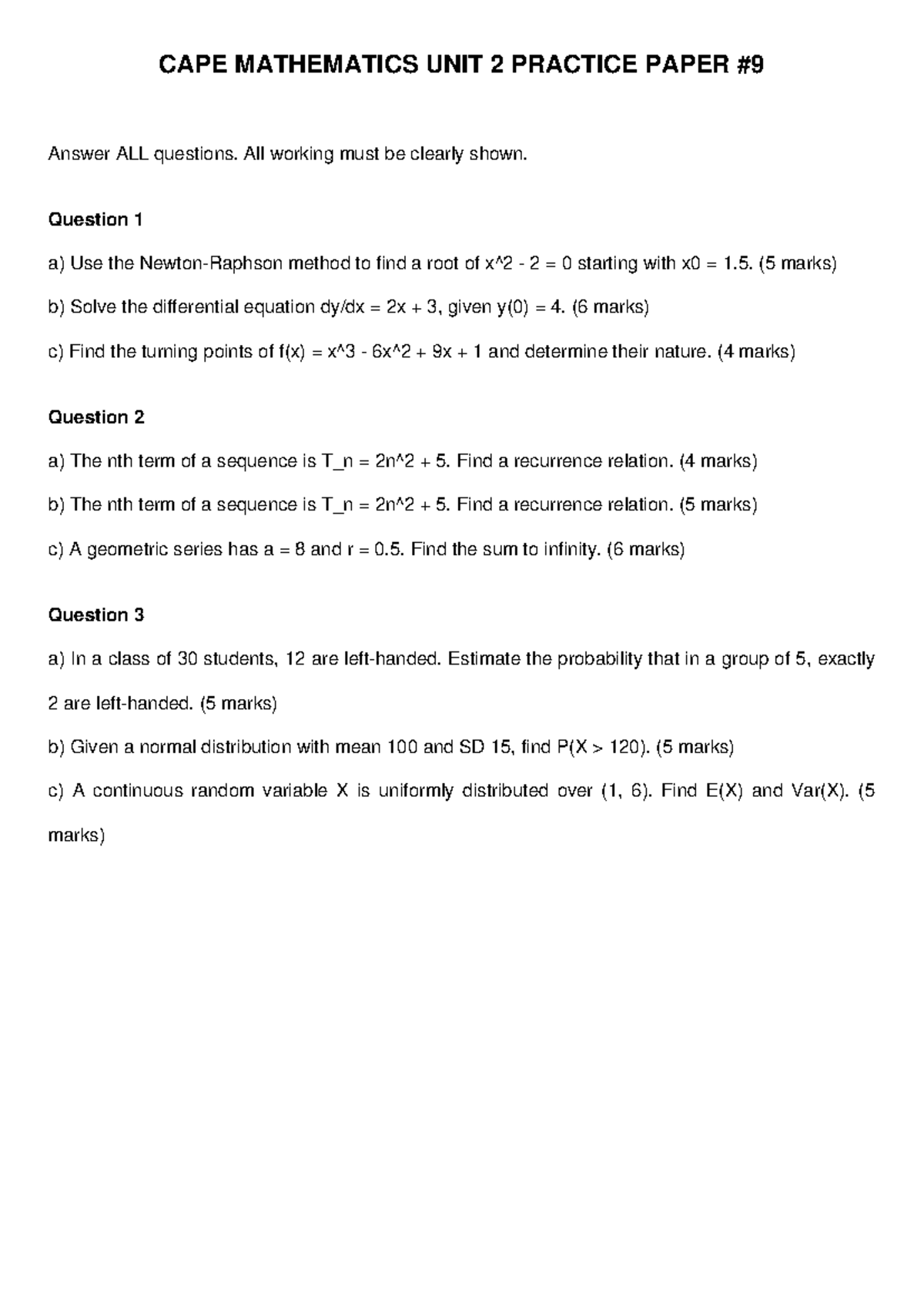 CAPE MATHEMATICS UNIT 2 PRACTICE PAPER - Comprehensive Review - Studocu