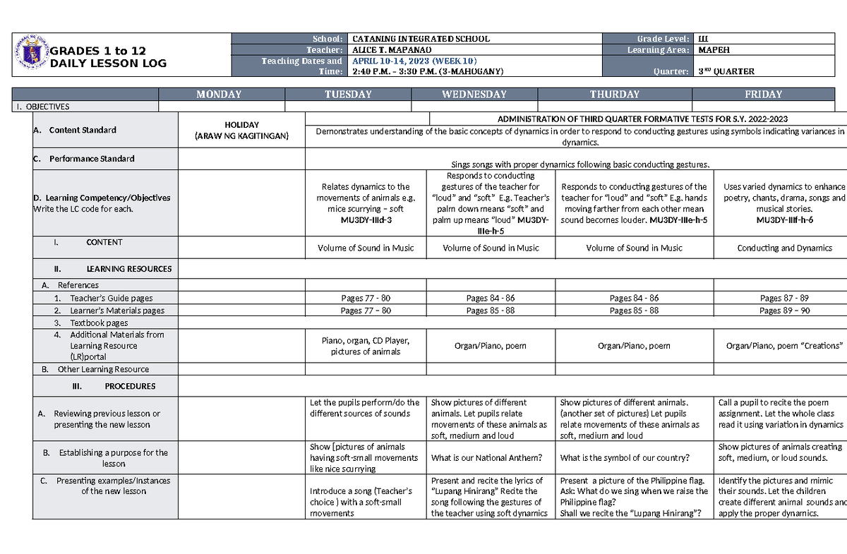 DLL Mapeh 3 Q3 W10 - DLL - GRADES 1 to 12 DAILY LESSON LOG School ...