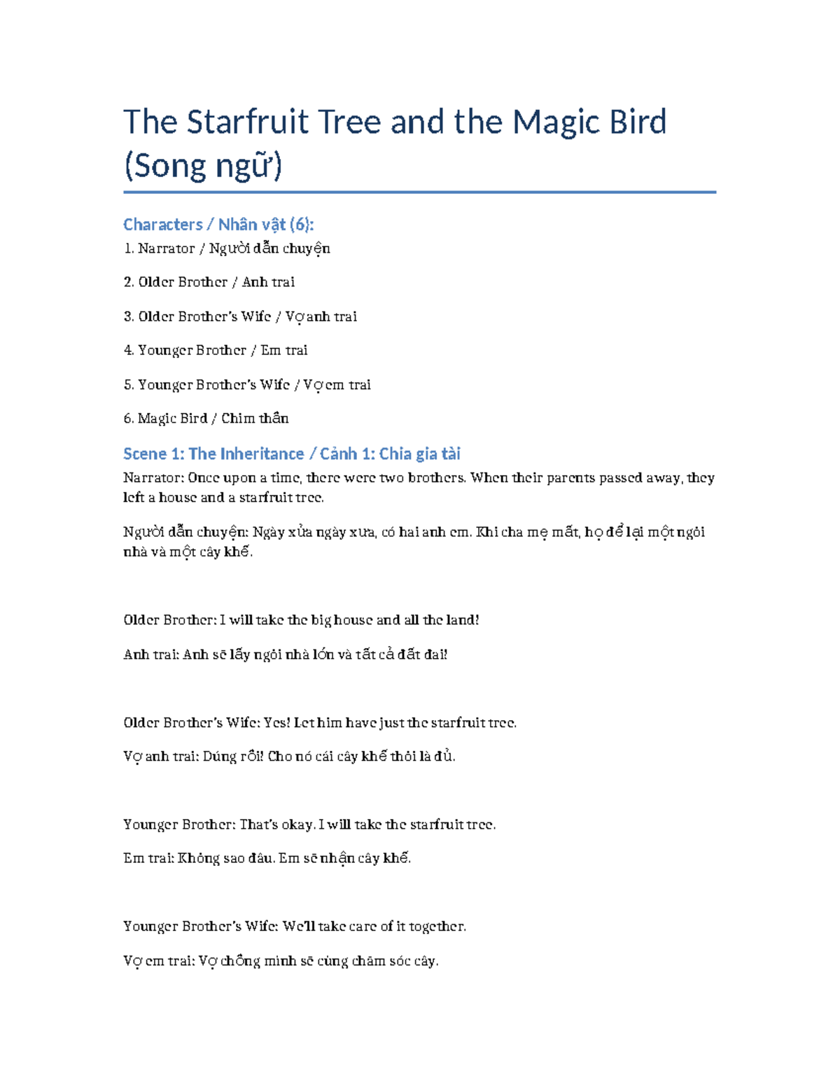 The Starfruit Tree and the Magic Bird (Song ngữ) - A Play Script - Studocu