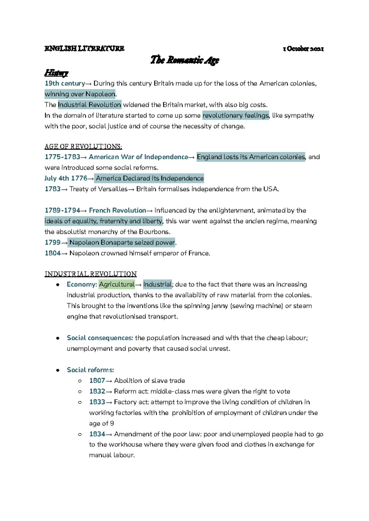 English Literature I: The Romantic Age and Key Authors Overview - Studocu