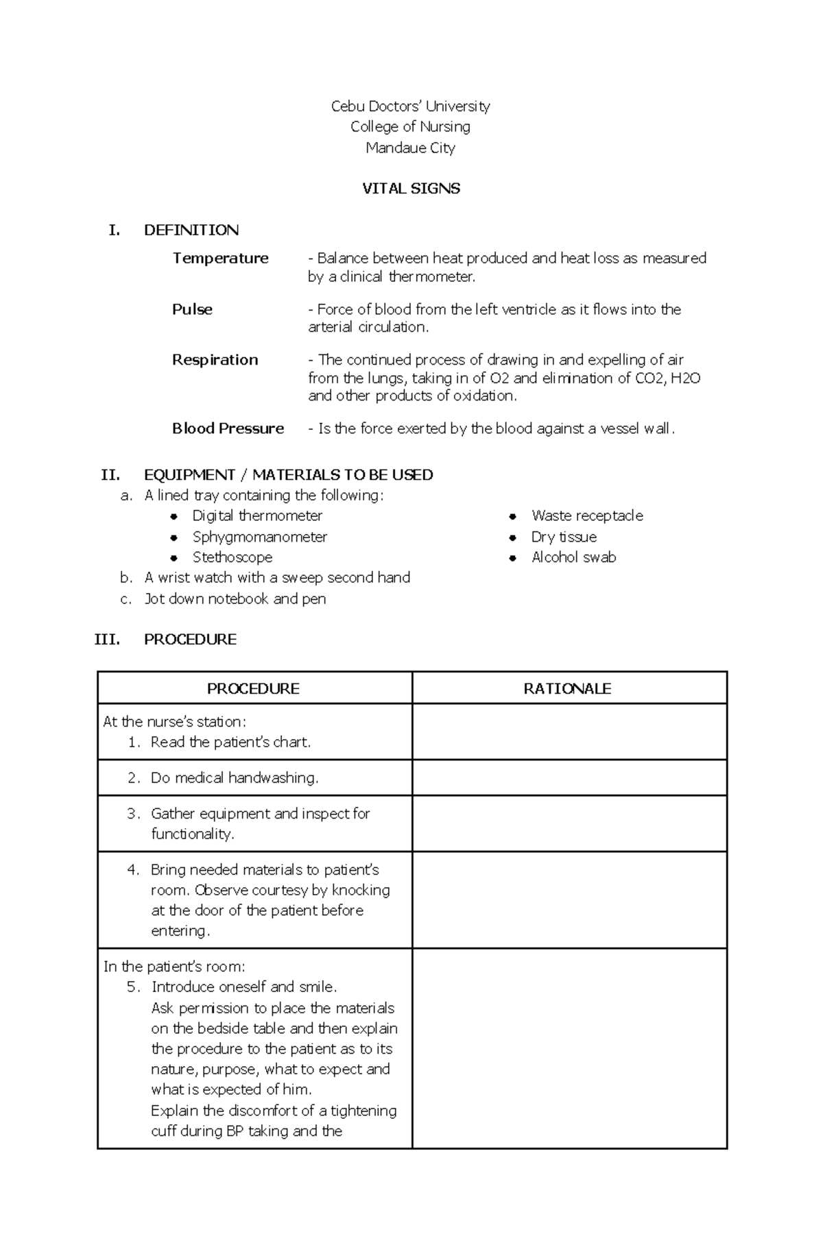 NCM 101 RLE 1M Vital Signs Measurement Procedure Guide - Studocu