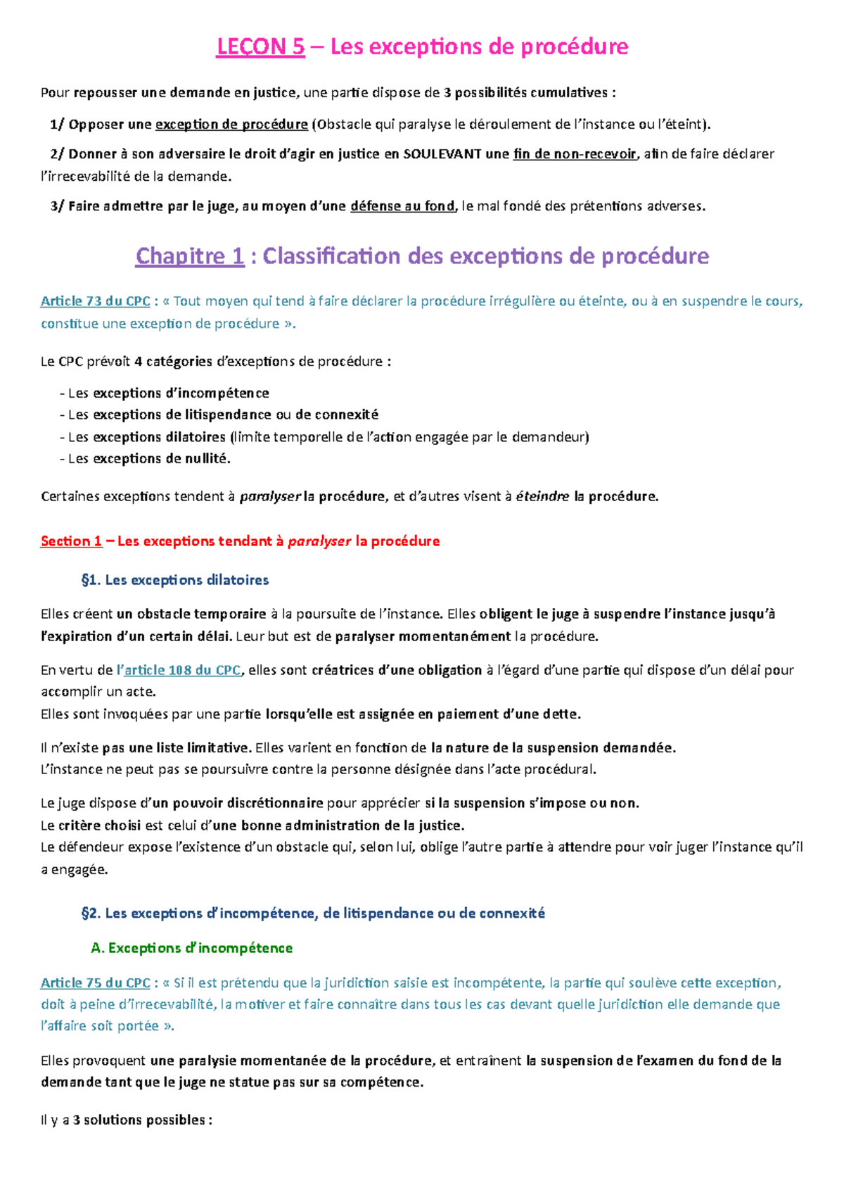 Chapitre 1 - Leçon 5: Les Exceptions de Procédure et leur ...