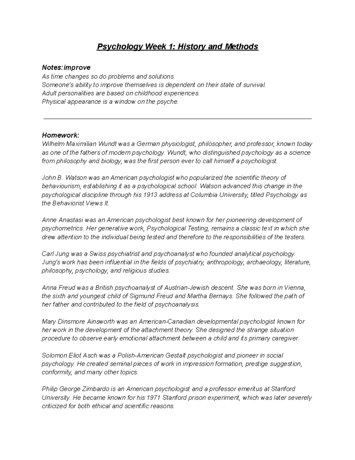 Psychology - notes - Psychology Week 1: History and Methods Notes ...