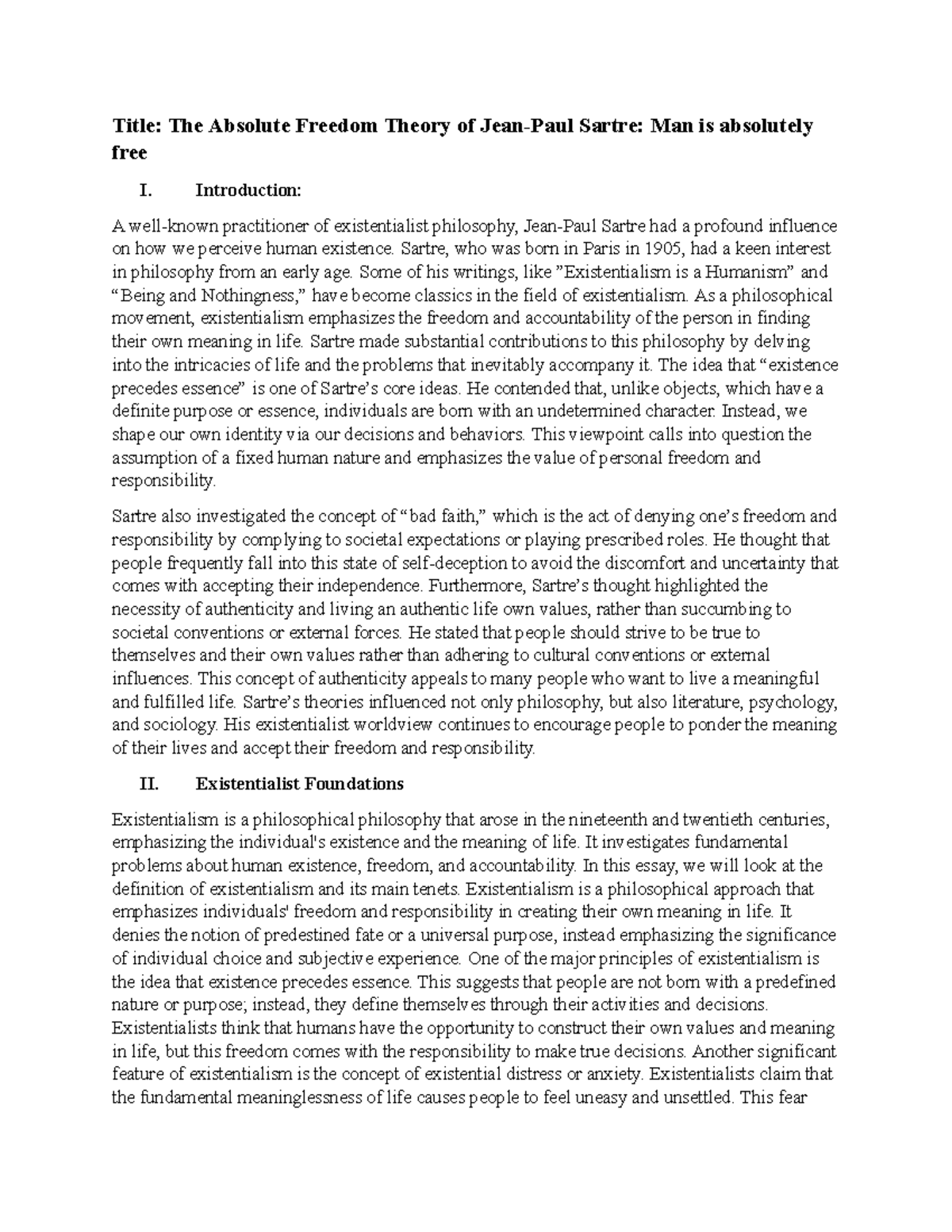 Synthesis Paper: Sartre's Absolute Freedom Theory in Existentialism ...