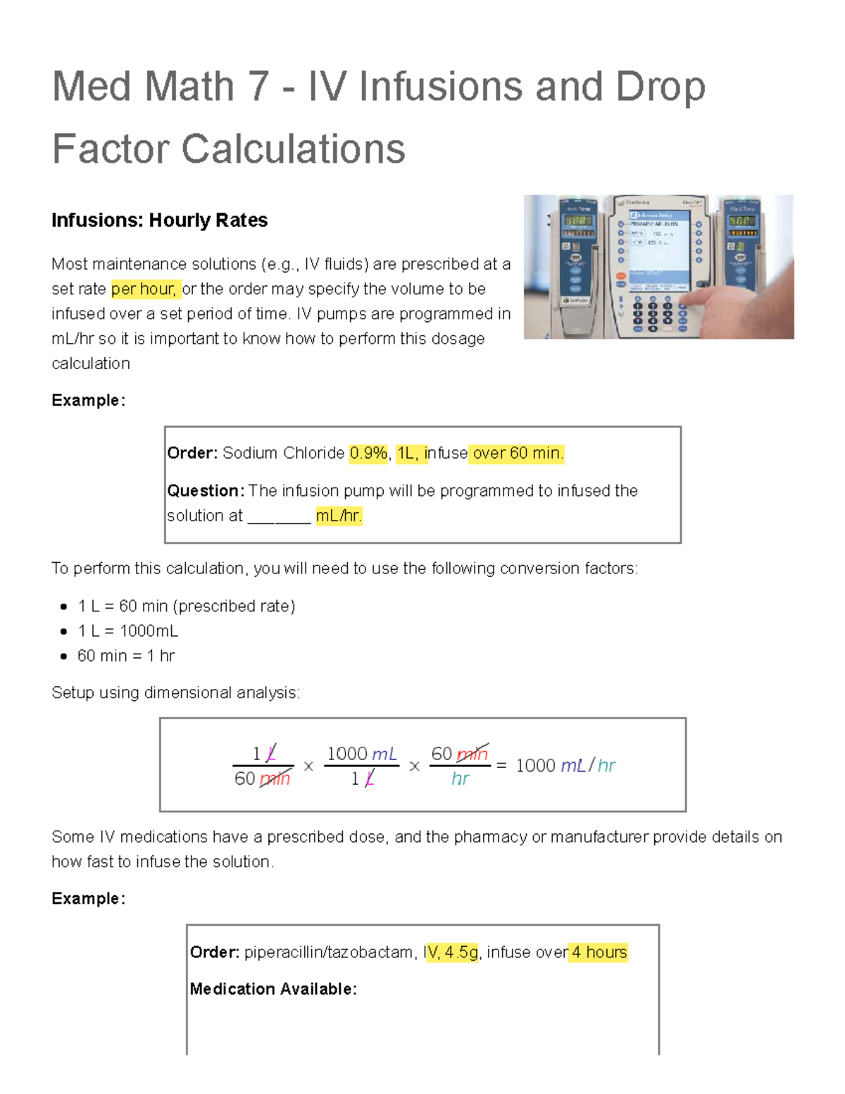 Med Math 7 - IV Infusion Rates & Drop Factor Calculations Guide - Studocu