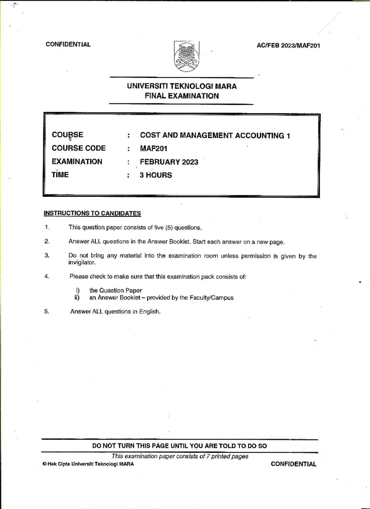Maf201 Final Exam: Cost and Management Accounting 1 - July 2023 - Studocu