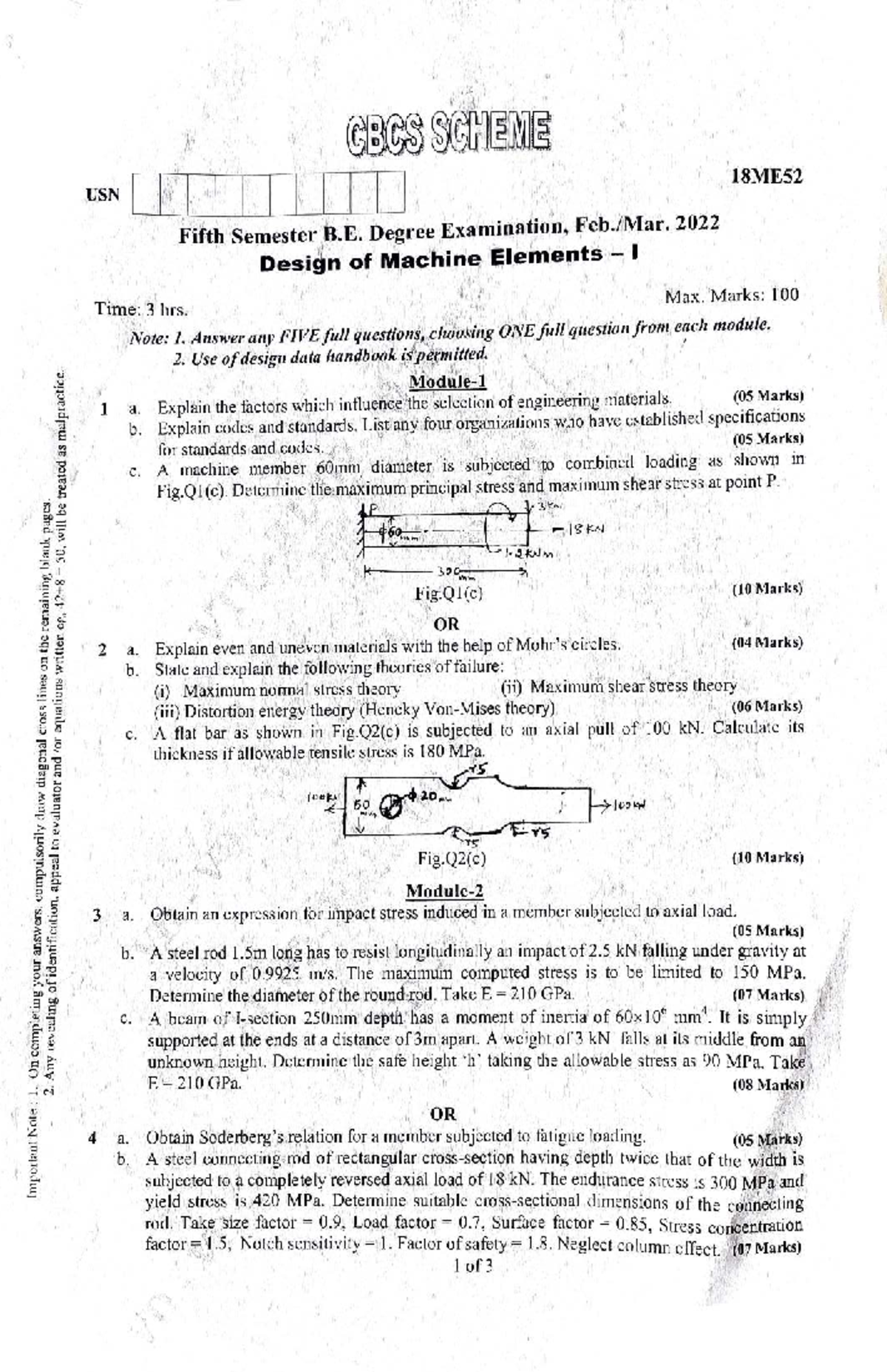 18ME52 Design of Machine Elements - Fifth Sem Exam Paper 2022 - Studocu