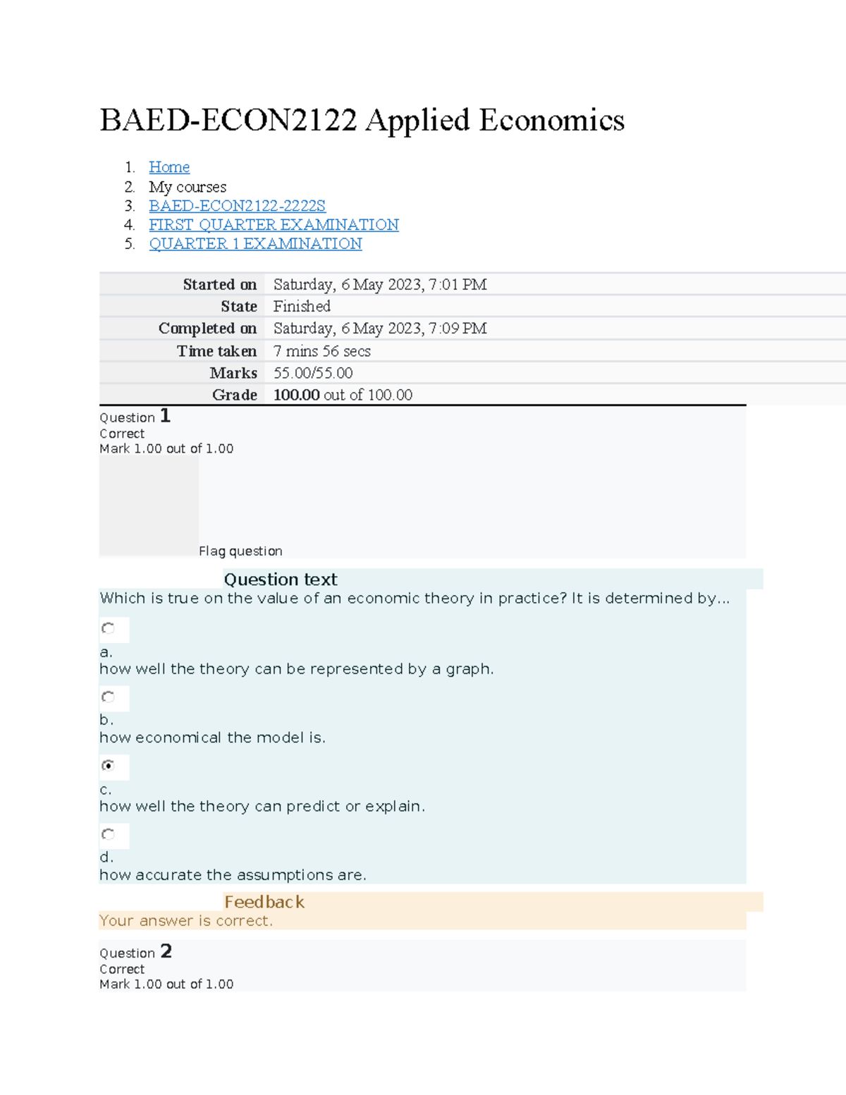 BAED-ECON2122 Quarter 1 Examination Results and Analysis - Studocu