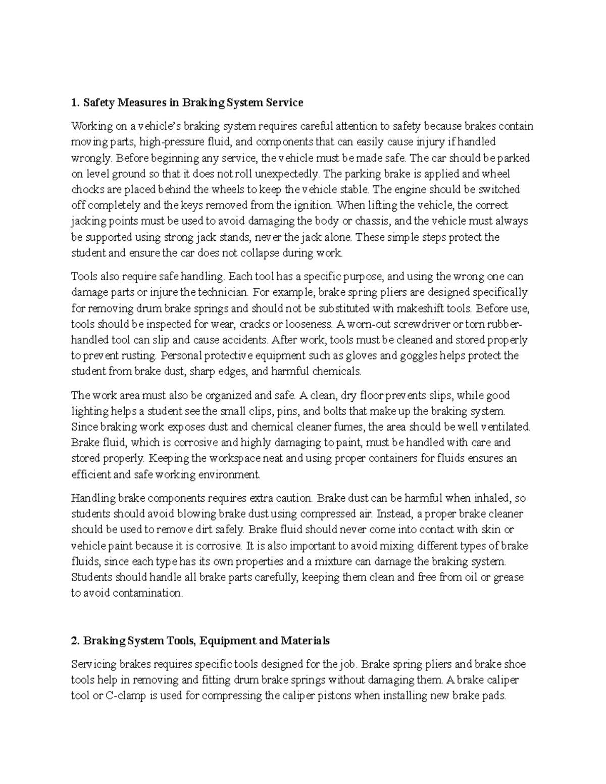 Braking System 004 - Comprehensive Lecture Notes on Safety & Service ...