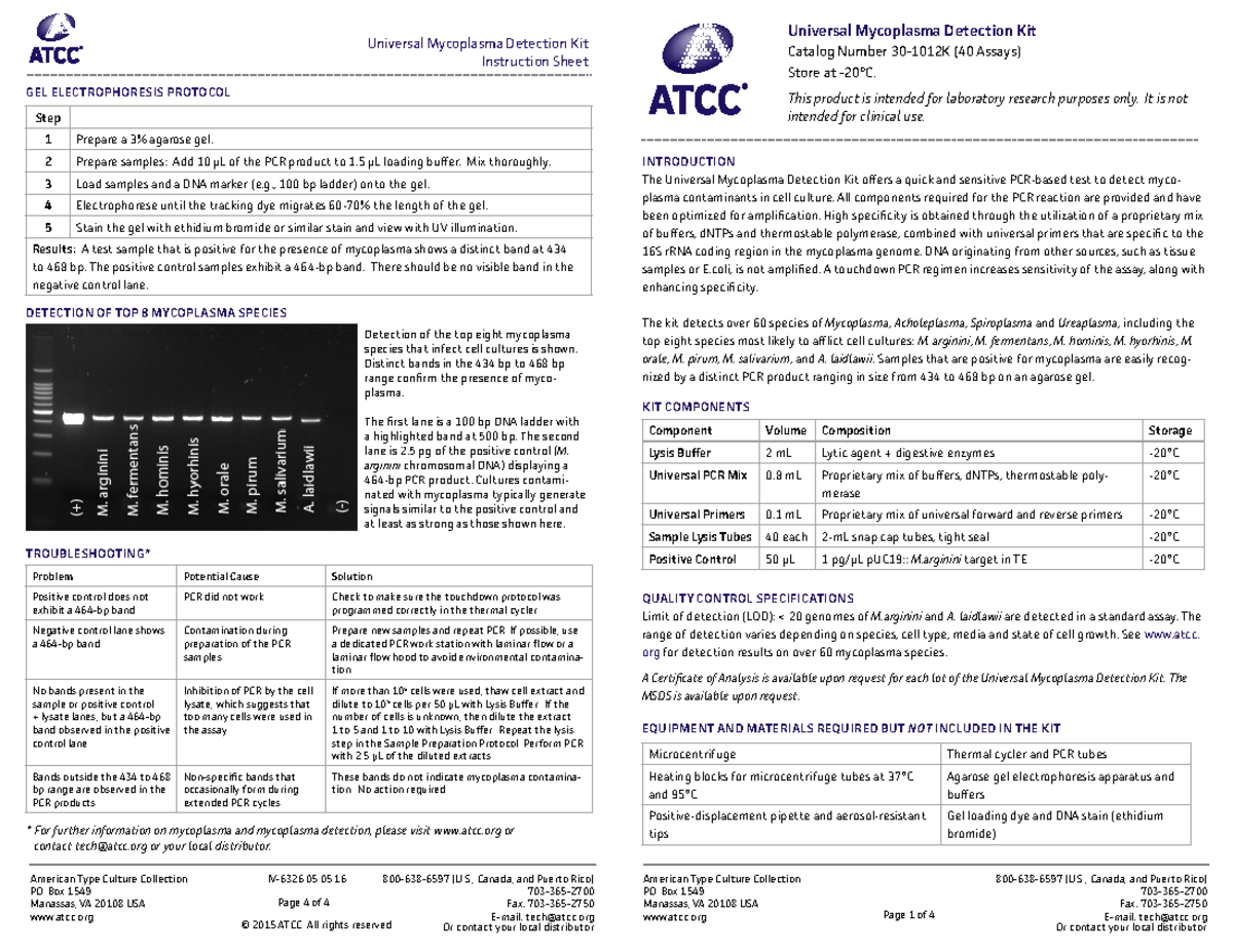 MYCO ATCC Protocol: Universal Mycoplasma Detection Kit Instructions ...