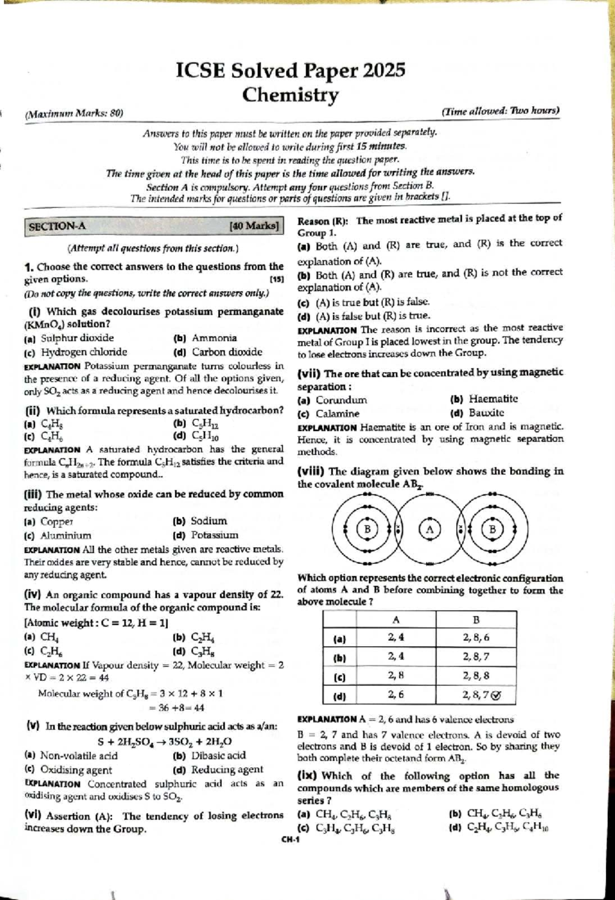 ICSE Chemistry Sample Paper 2025-2024-2023 (Max Marks: 80) - Studocu