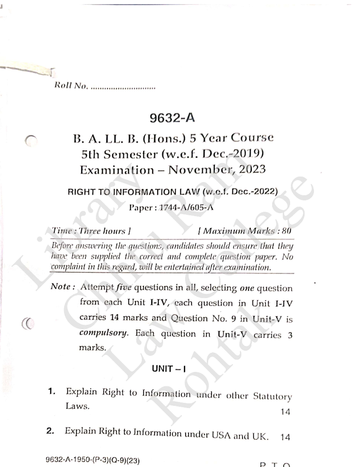 RTI 2023 - Right to Information Law 5th Sem Exam Question Paper - Studocu
