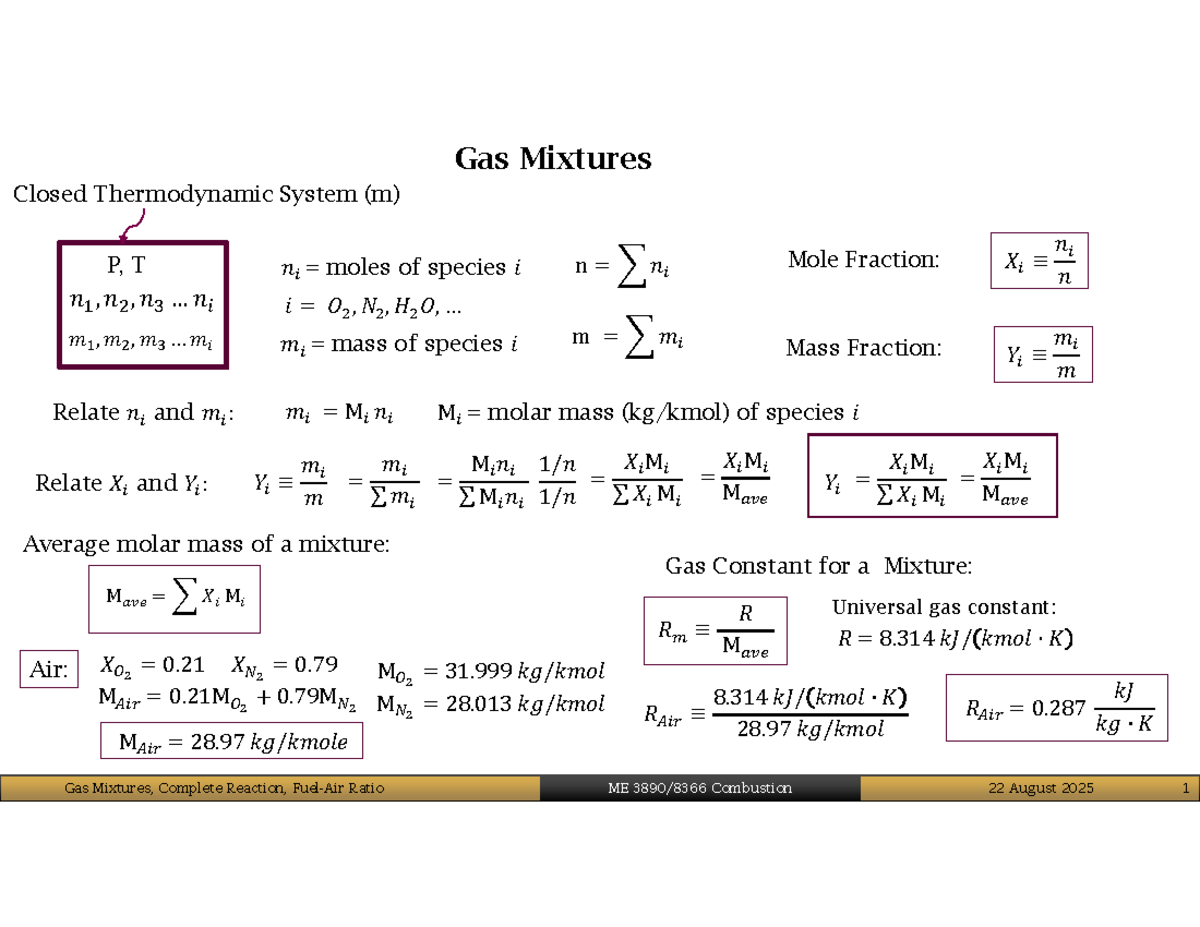 Gas Mixtures and Complete Reactions: Fuel-Air Ratios (ME Combustion ...
