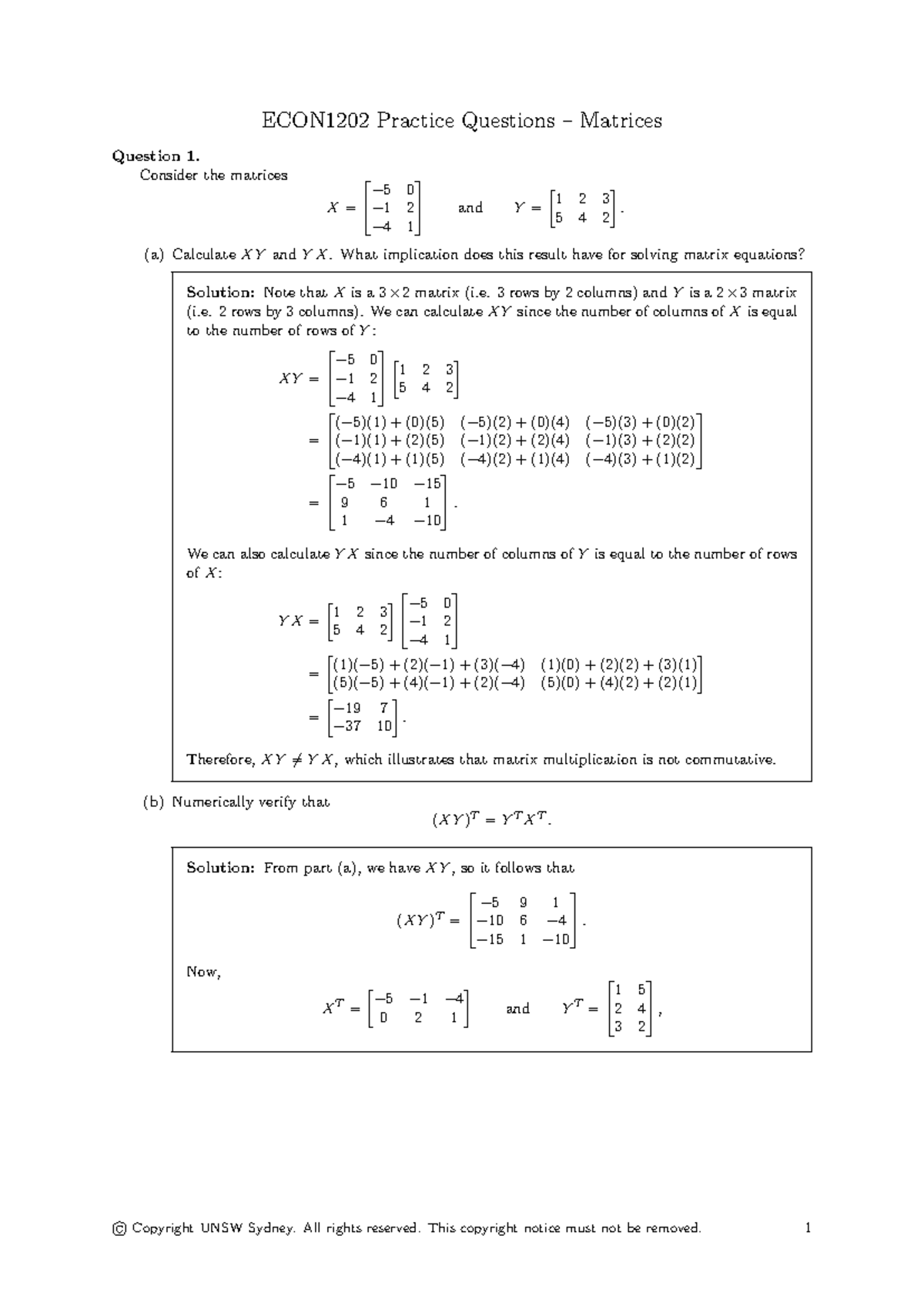 ECON1202 Solutions to Practice Questions on Matrices - Term 3 - Studocu