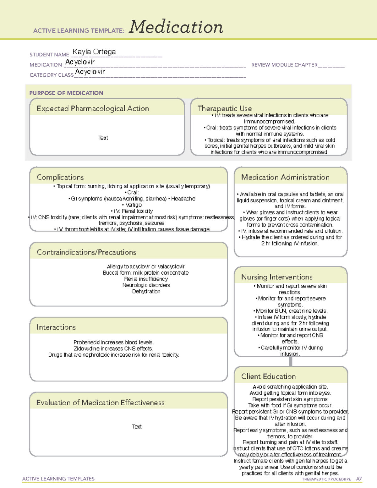 Acyclovir Medication Map - Active Learning Template for Class A - Studocu