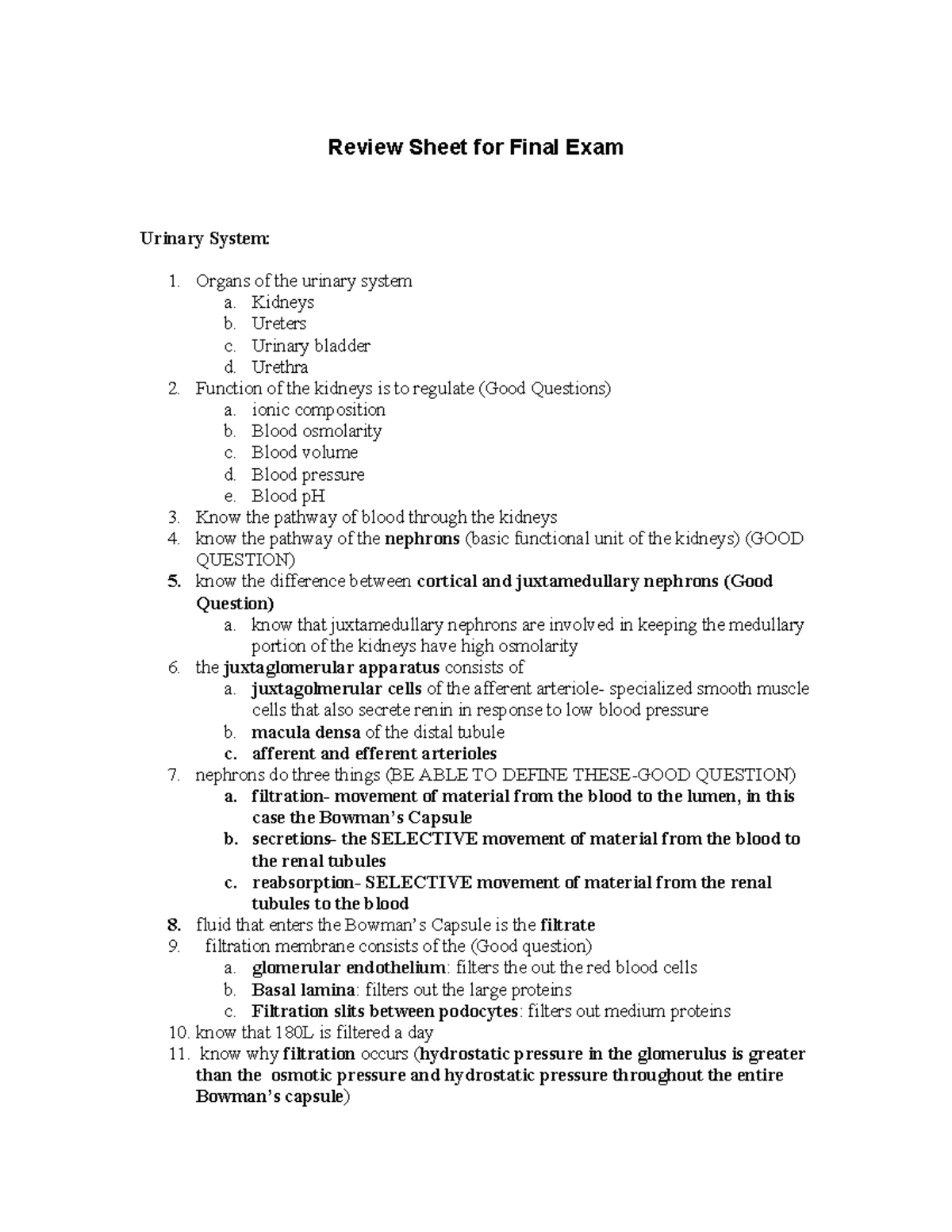 Urinary System Review Sheet for Final Exam (Spring 2026) - Studocu