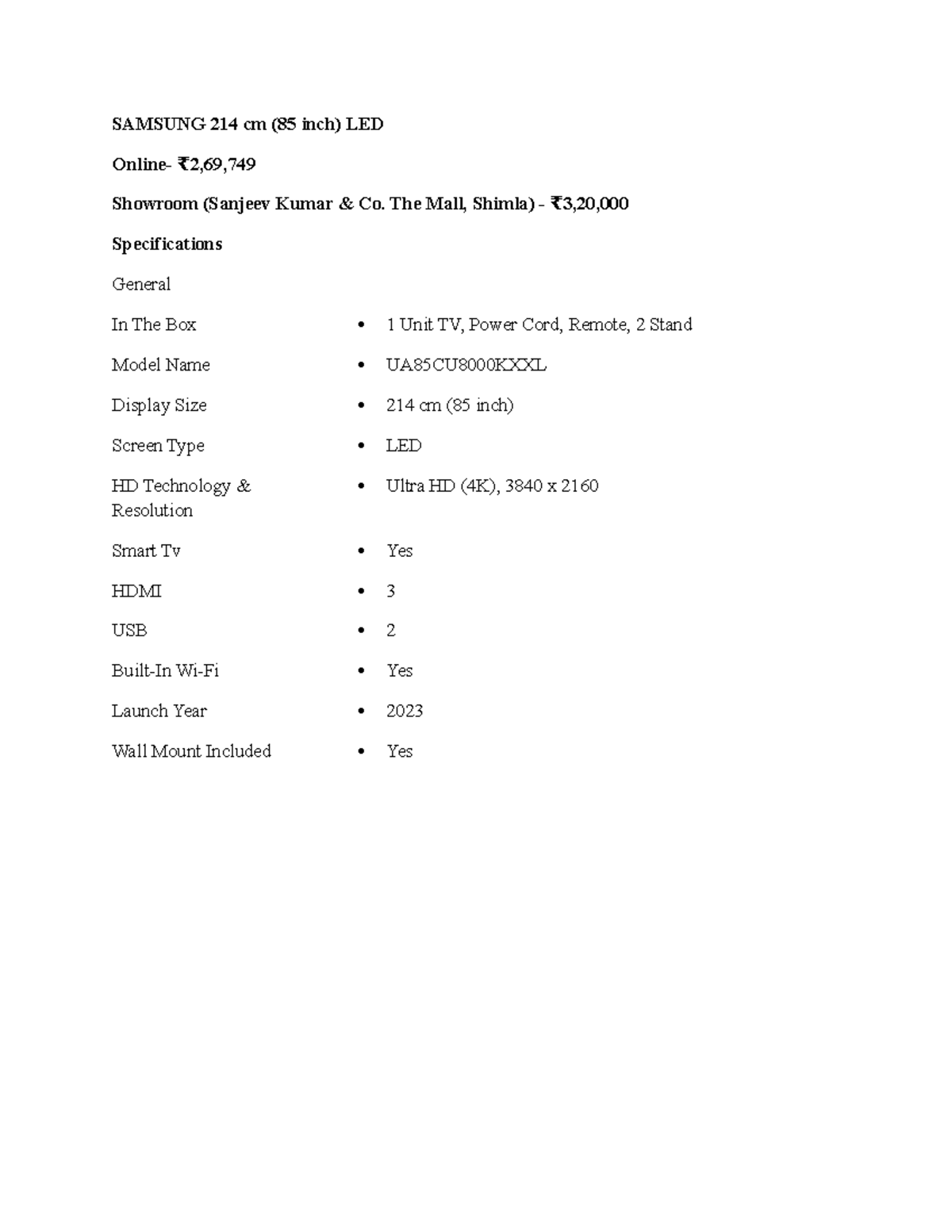 LED TV Specifications Comparison: Samsung & Sony (85 inch) - Studocu