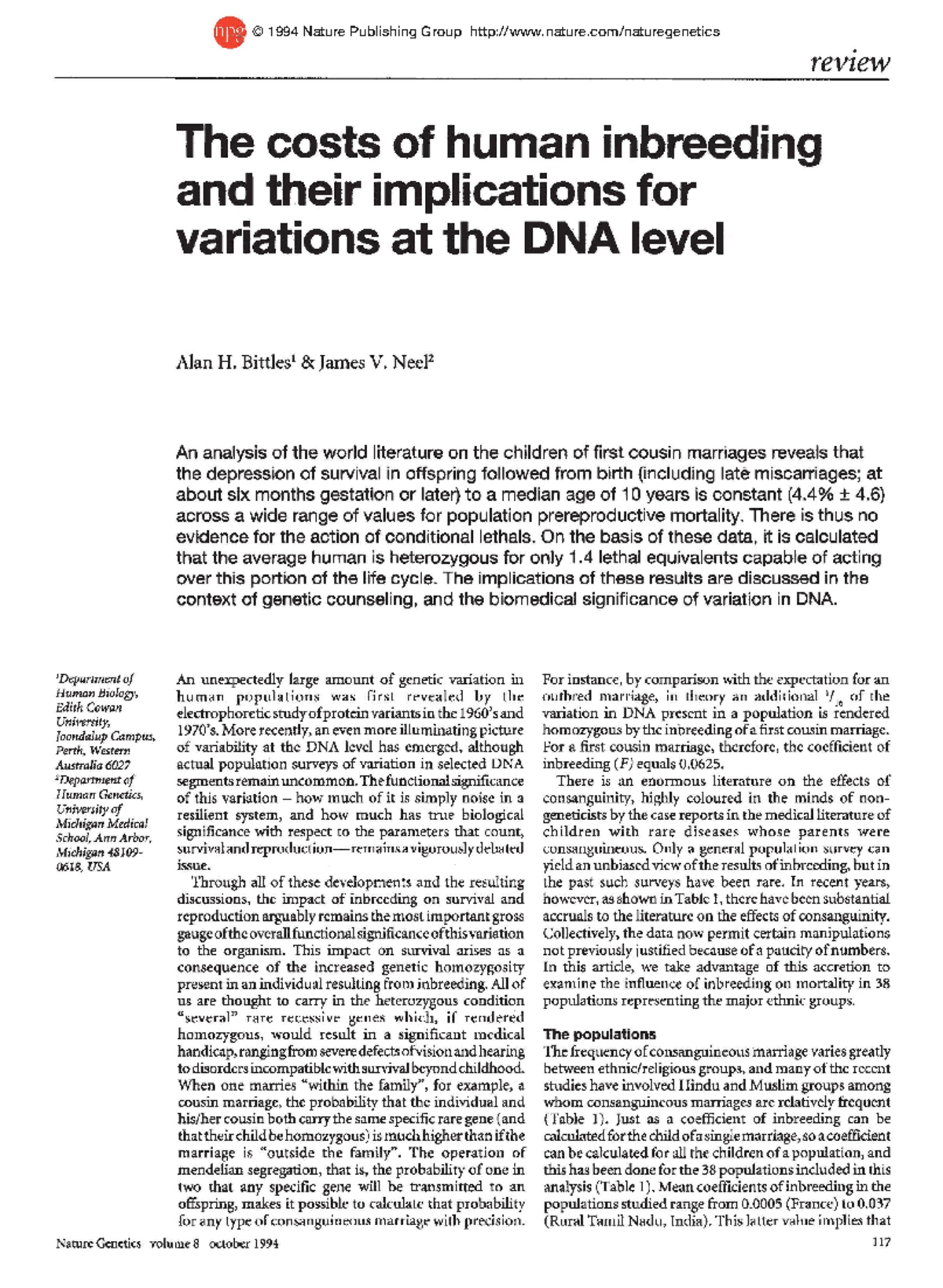 Ng1094-117: The Costs of Human Inbreeding and DNA Variation ...